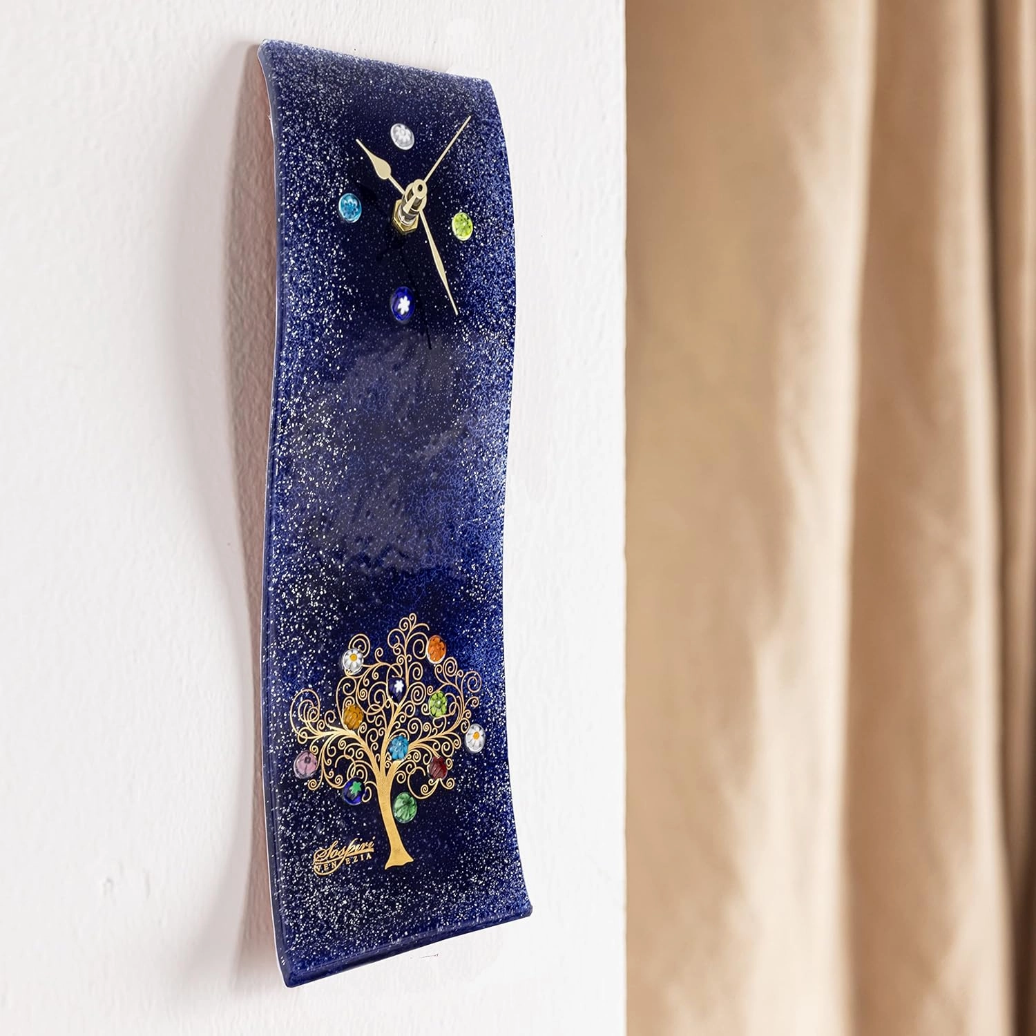 Sospiri Venezia Wall Clock Murano Glass Silent Mechanism Decorated with Murrines and Gold Leaf Gift Handmade Made in Italy (10x30)