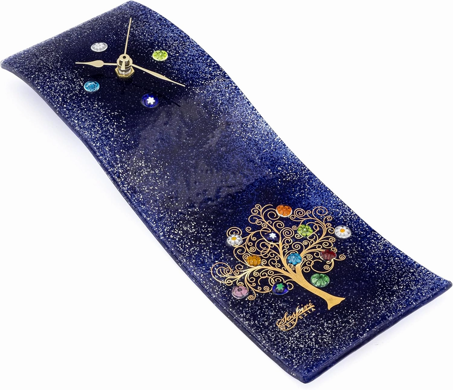 Sospiri Venezia Wall Clock Murano Glass Silent Mechanism Decorated with Murrines and Gold Leaf Gift Handmade Made in Italy (10x30)