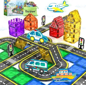 Soyee Magnetic Tiles Road Cars Set Magnetic Building Blocks Boys Toys Ages 3 4 5 6 7 8 Sensory Preschool Construction Toddler Toys Gifts for 3  Year Old Boys Girls