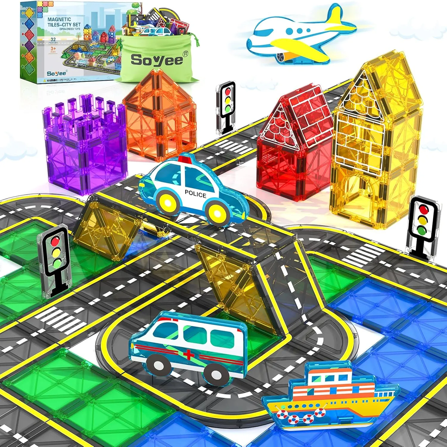 Soyee Magnetic Tiles Road Cars Set Magnetic Building Blocks Boys Toys Ages 3 4 5 6 7 8 Sensory Preschool Construction Toddler Toys Gifts for 3  Year Old Boys Girls