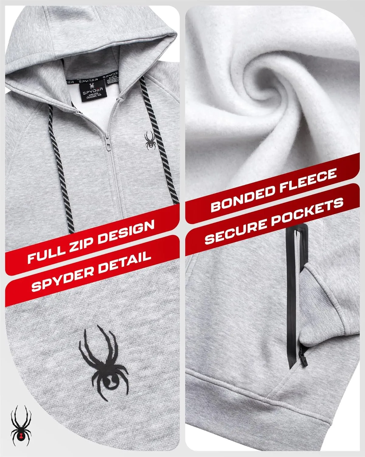 Spyder Mens Zip Up Hoodie - UPF30  Super Soft Fleece Sweatshirt, Warm Athletic Hoodies for Men with Secure Zip Pockets (S-XL)