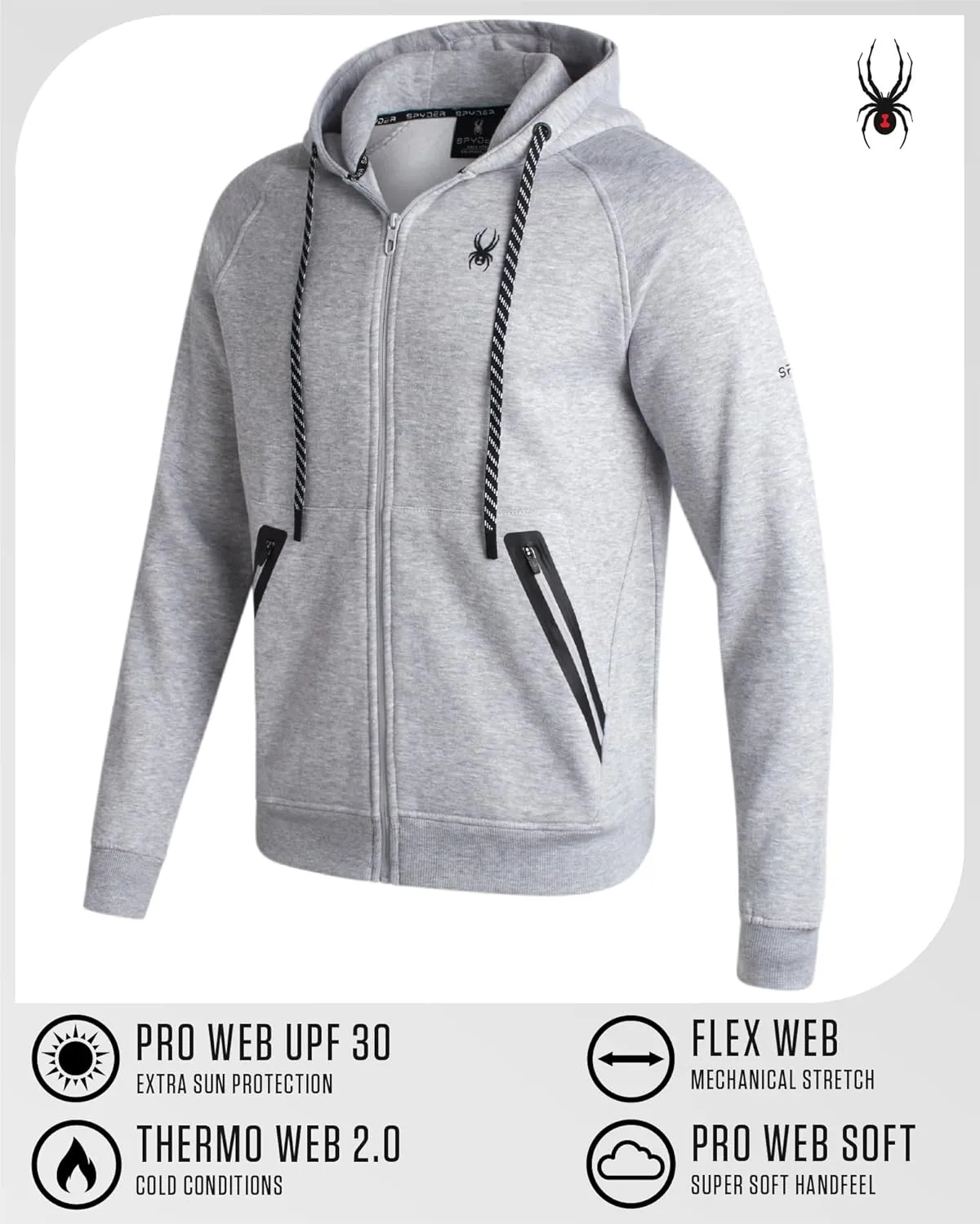 Spyder Mens Zip Up Hoodie - UPF30  Super Soft Fleece Sweatshirt, Warm Athletic Hoodies for Men with Secure Zip Pockets (S-XL)