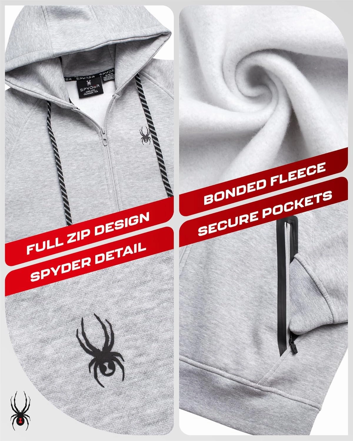 Spyder Mens Zip Up Hoodie - UPF30  Super Soft Fleece Sweatshirt, Warm Athletic Hoodies for Men with Secure Zip Pockets (S-XL)