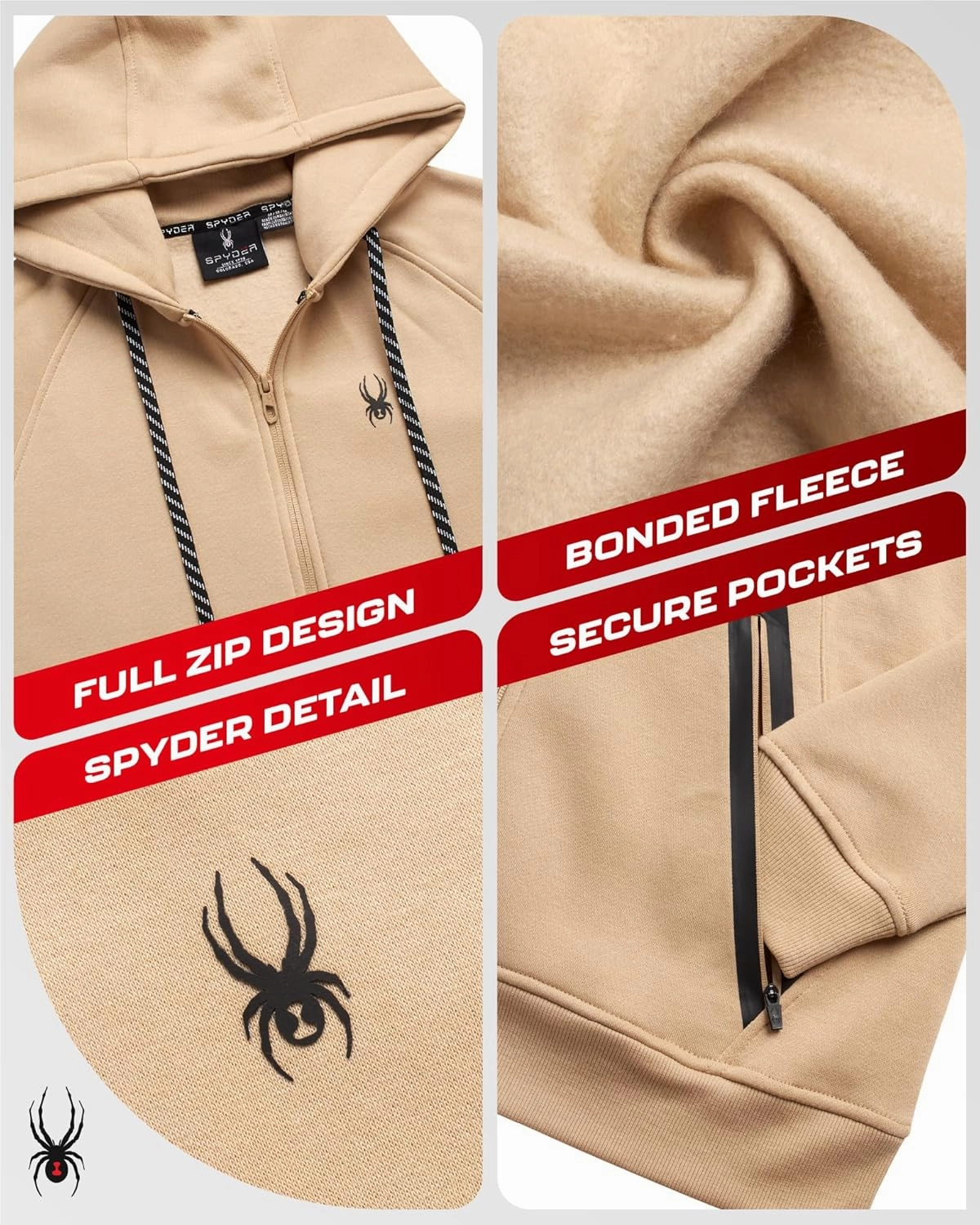Spyder Mens Zip Up Hoodie - UPF30  Super Soft Fleece Sweatshirt, Warm Athletic Hoodies for Men with Secure Zip Pockets (S-XL)
