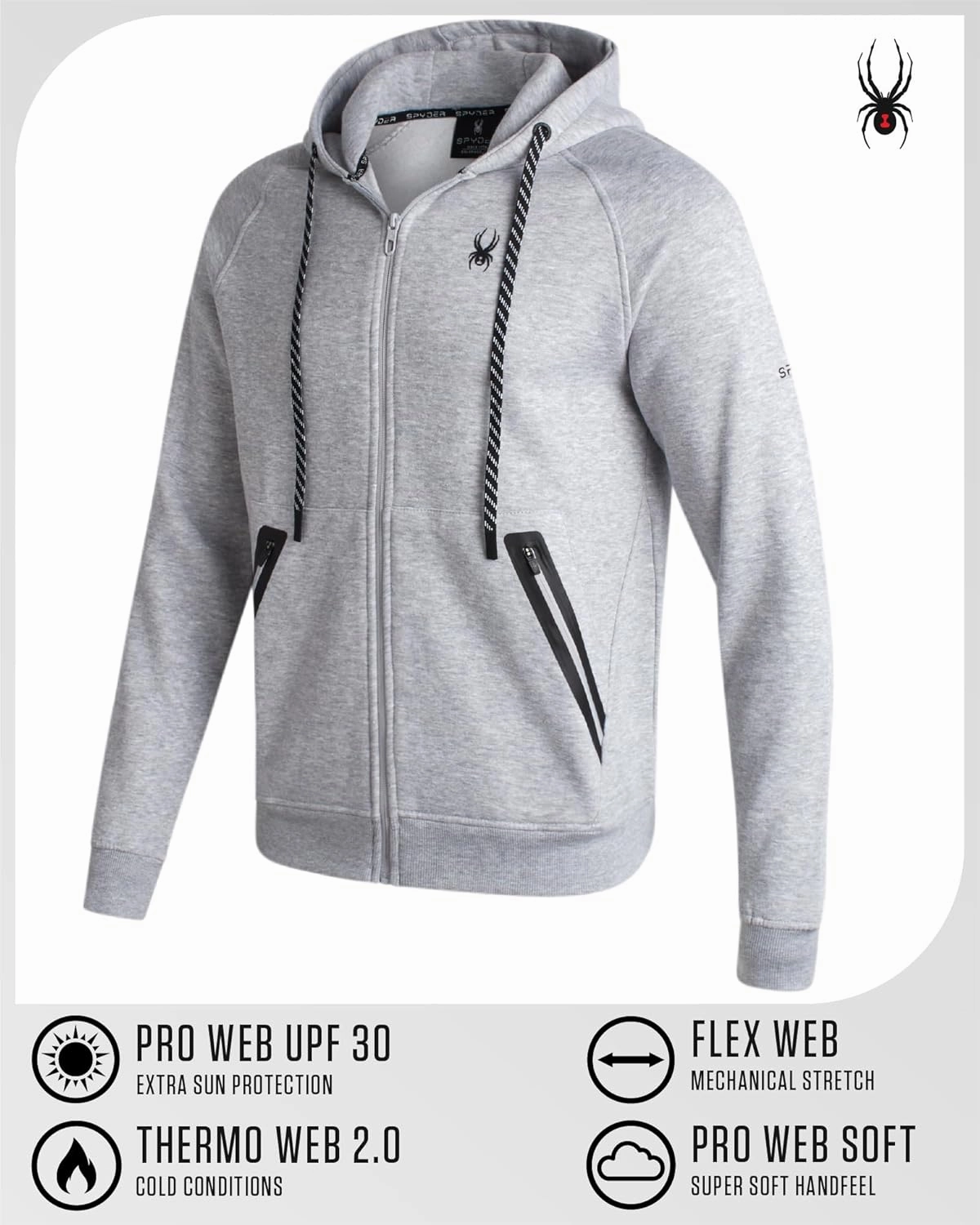 Spyder Mens Zip Up Hoodie - UPF30  Super Soft Fleece Sweatshirt, Warm Athletic Hoodies for Men with Secure Zip Pockets (S-XL)