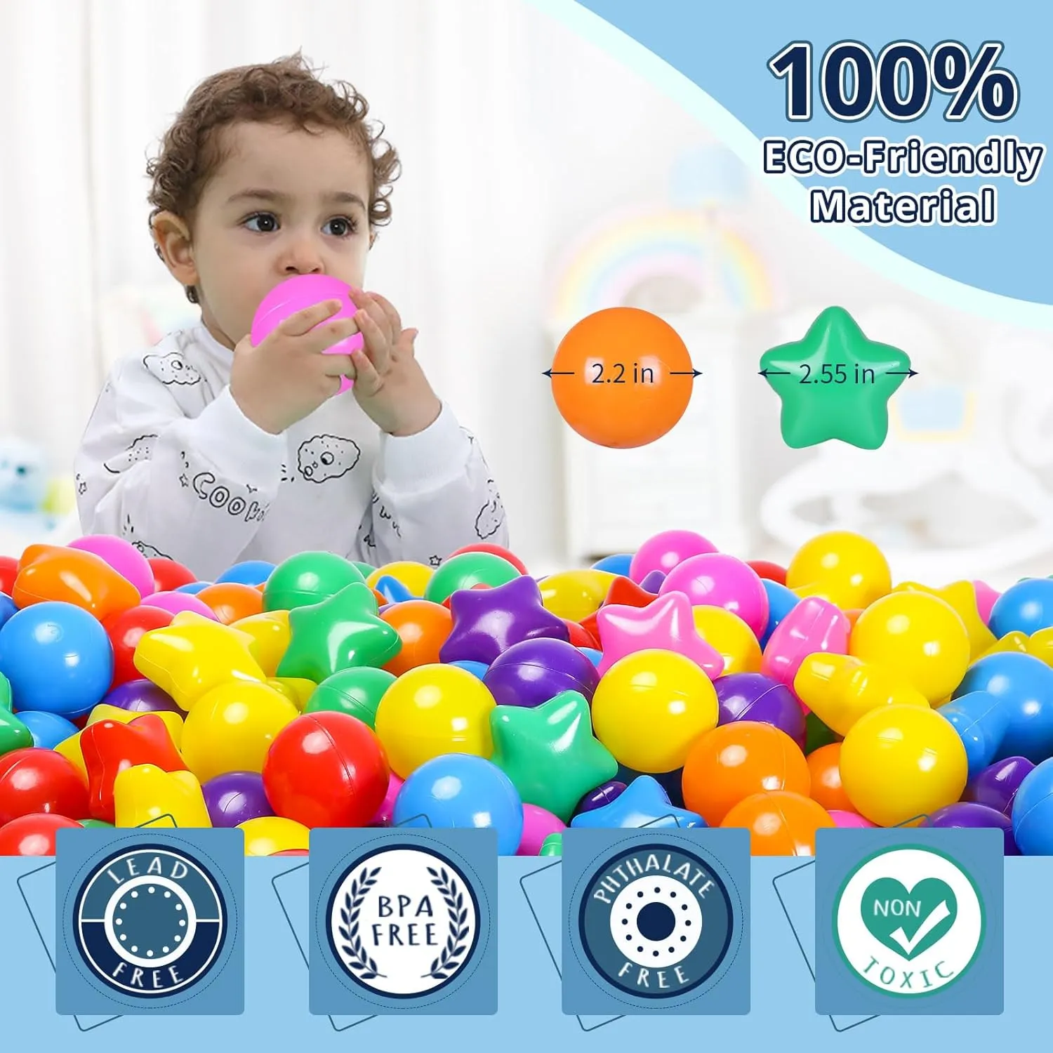 STARBOLO Ball Pit Balls - 100pcs Crush Proof Plastic Children's Toy Balls Bright 7 Colors Ocean Balls for Birthday Parties Games Pool