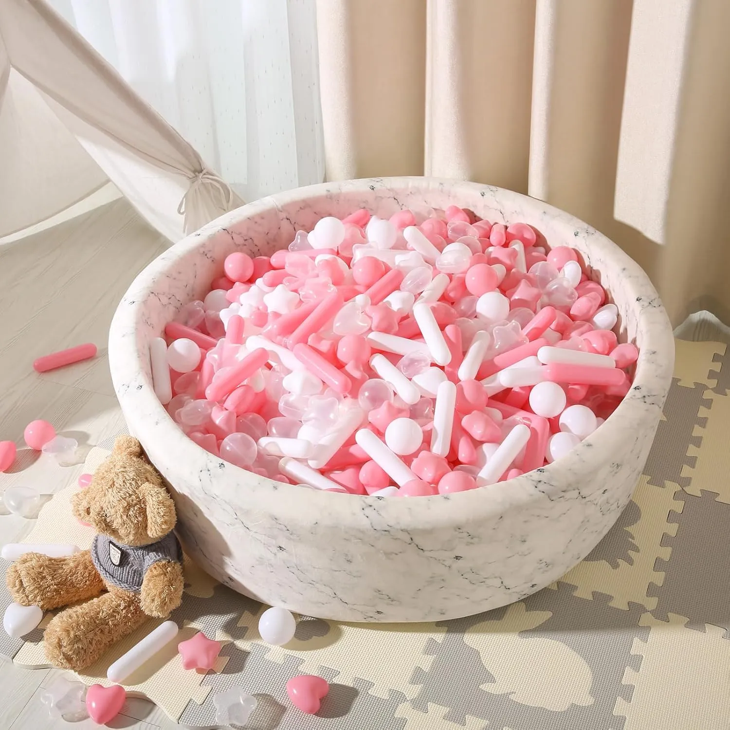 STARBOLO Ball Pit Balls for Kids -150pcs Stars Hearts Strips Crush Proof Play Balls Plastic Macaron Toy Balls for Ball Pit, Baby Pool Water Toys, Play Tent, Birthday Party Decoration