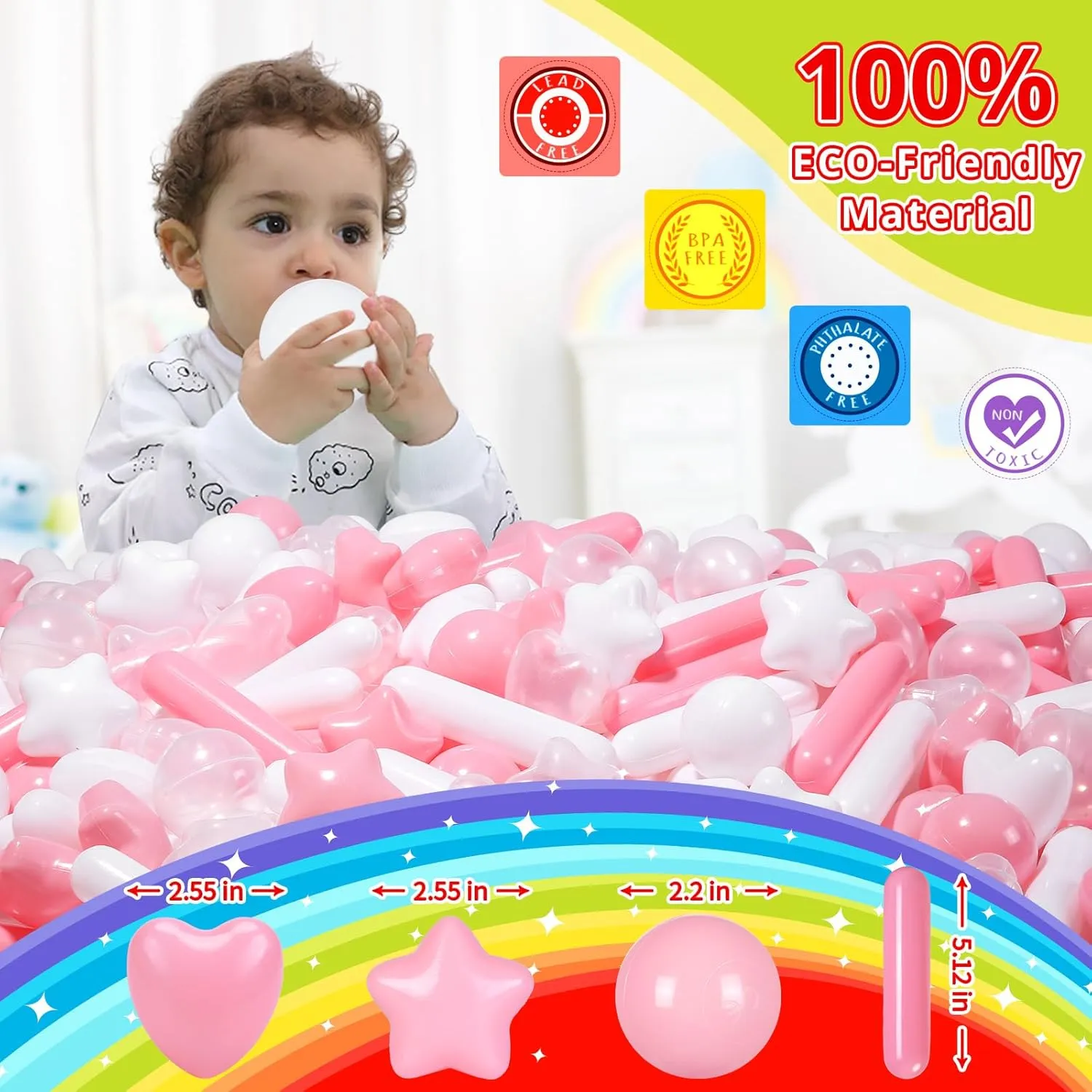 STARBOLO Ball Pit Balls for Kids -150pcs Stars Hearts Strips Crush Proof Play Balls Plastic Macaron Toy Balls for Ball Pit, Baby Pool Water Toys, Play Tent, Birthday Party Decoration