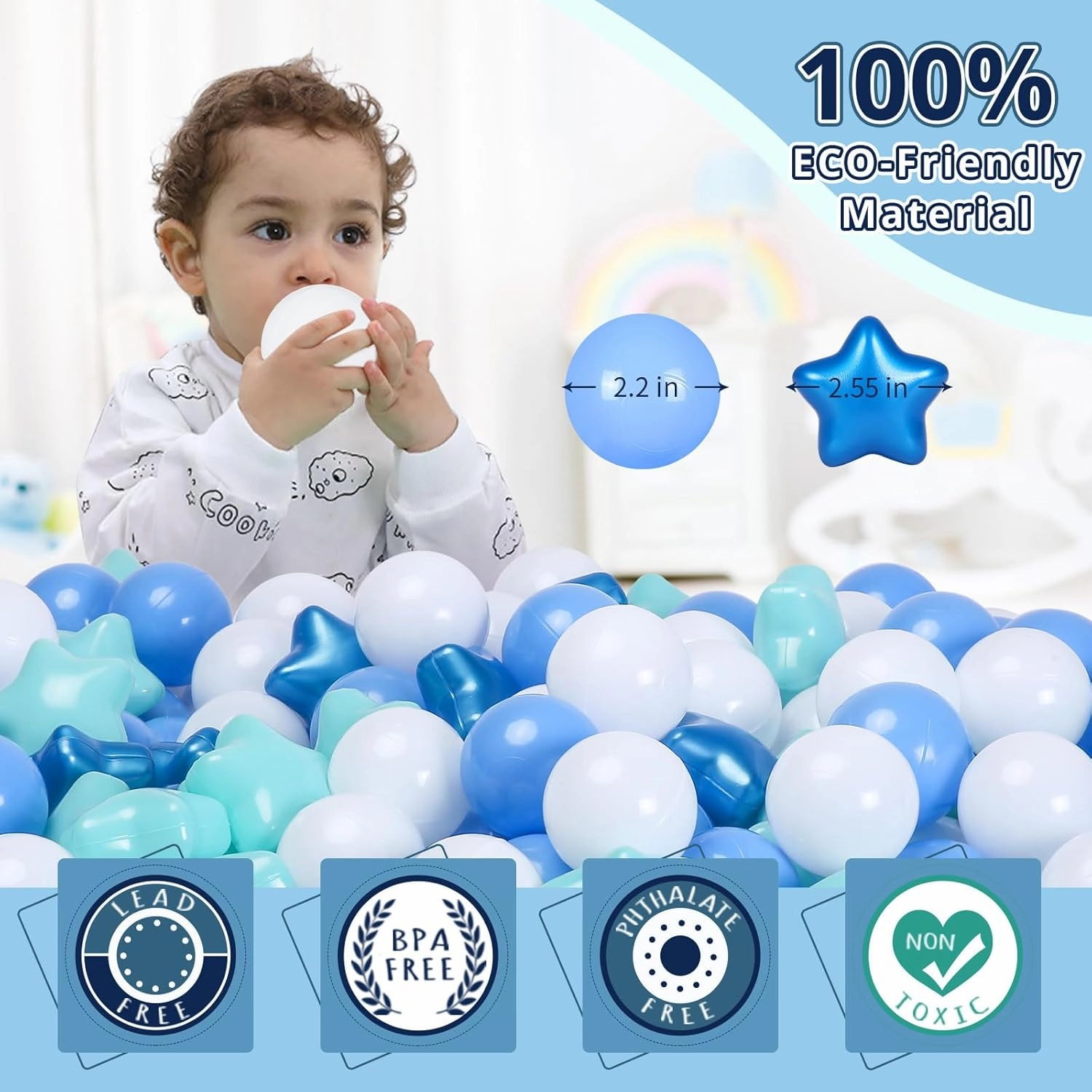 STARBOLO Ball Pit Balls for Ball Pits - 200 Pcs Blue Star and Round Balls Crush Proof Plastic Children's Toy Balls Stars for Birthday Party Pool Indoor Outdoor