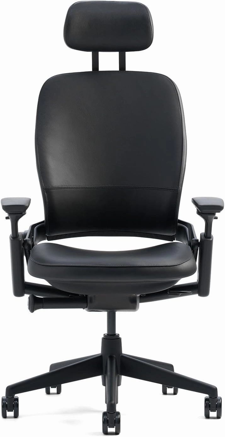 Steelcase Leap Desk Chair with Headrest Black Leather Seat and Back - 4-Way Highly Adjustable Arms - Black Frame and Base - Soft Dual Wheel Hard Floor Casters