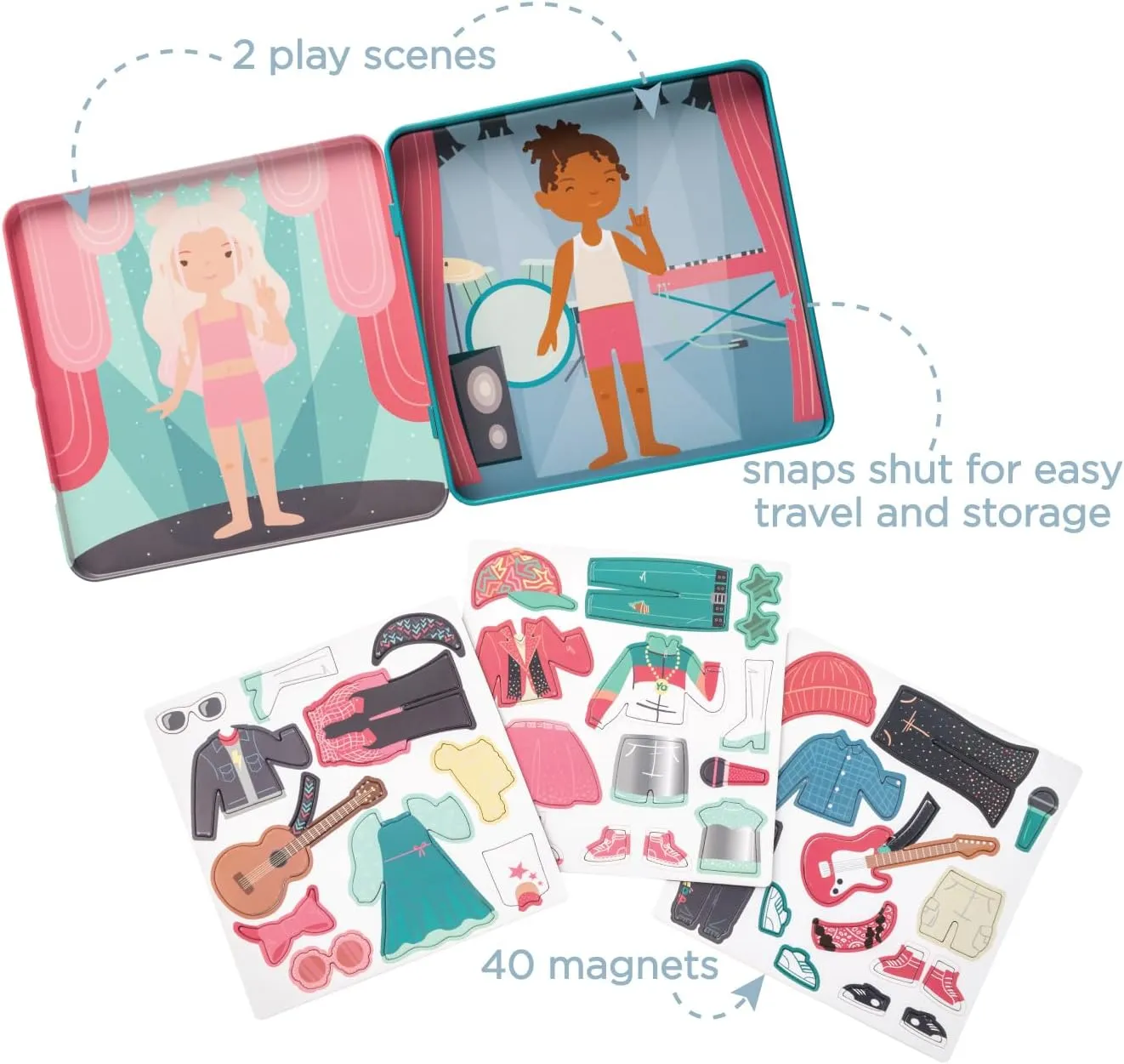 Stephen Joseph, Magnetic Dress Up Dolls 40 PC Play Set – Screen-Free Pretend Play Magnetic Case, Ideal for Ages 3  – Travel Game for Kids, Magnetic On The Go Activity Set, Pop Star