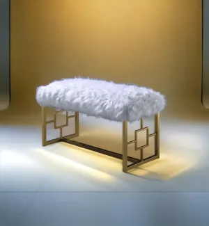 Stylish and Armless Lounge Bench, Backless, Padded Faux Fur Seat, Gold Finish, 41-Inch Length