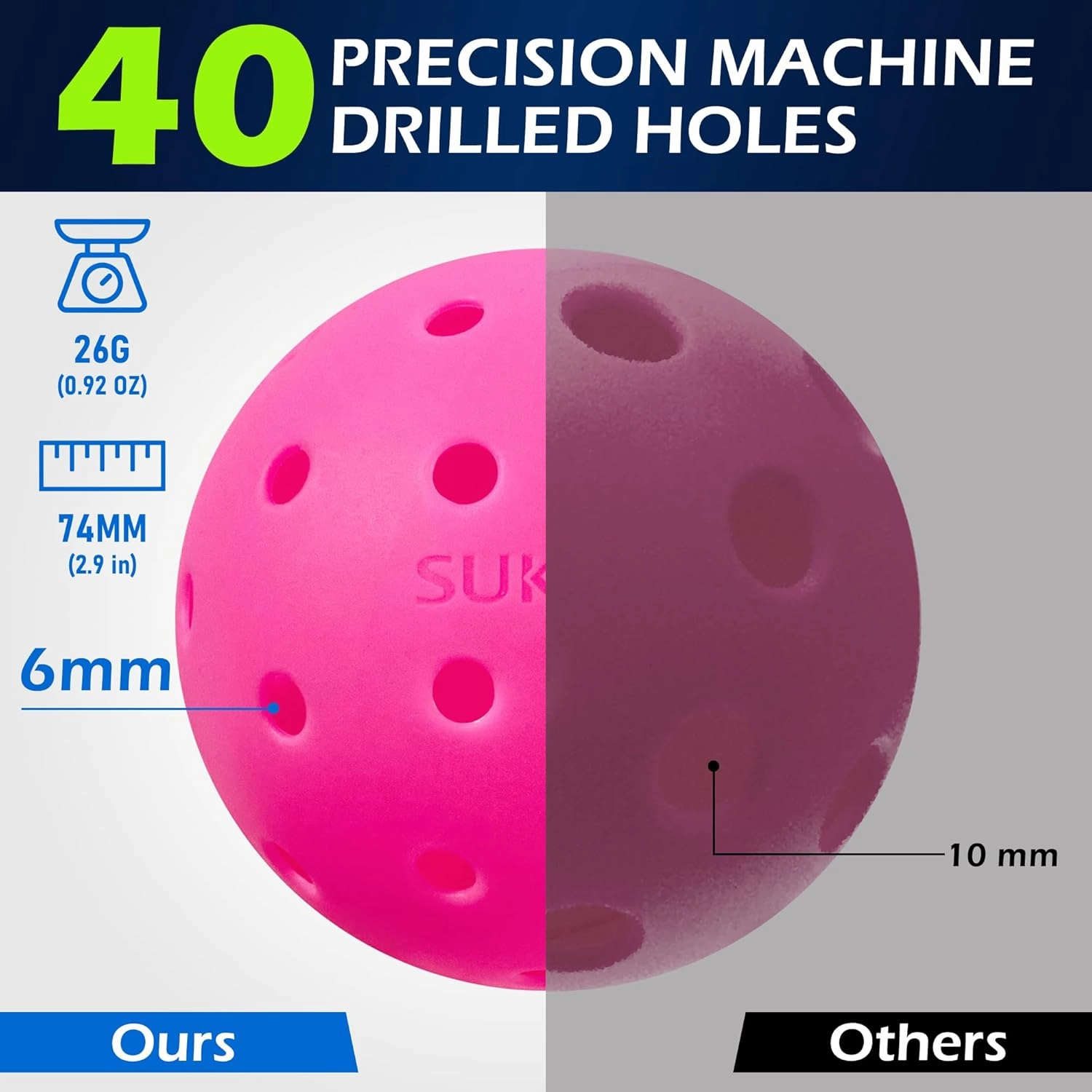 Sukeen Outdoor Pickleball Balls 40 Holes, High Bounce True Flight Pickleball Ball, High Visibility Outdoor Pickleballs, High Elasticity Pickle Balls with Mesh Bag