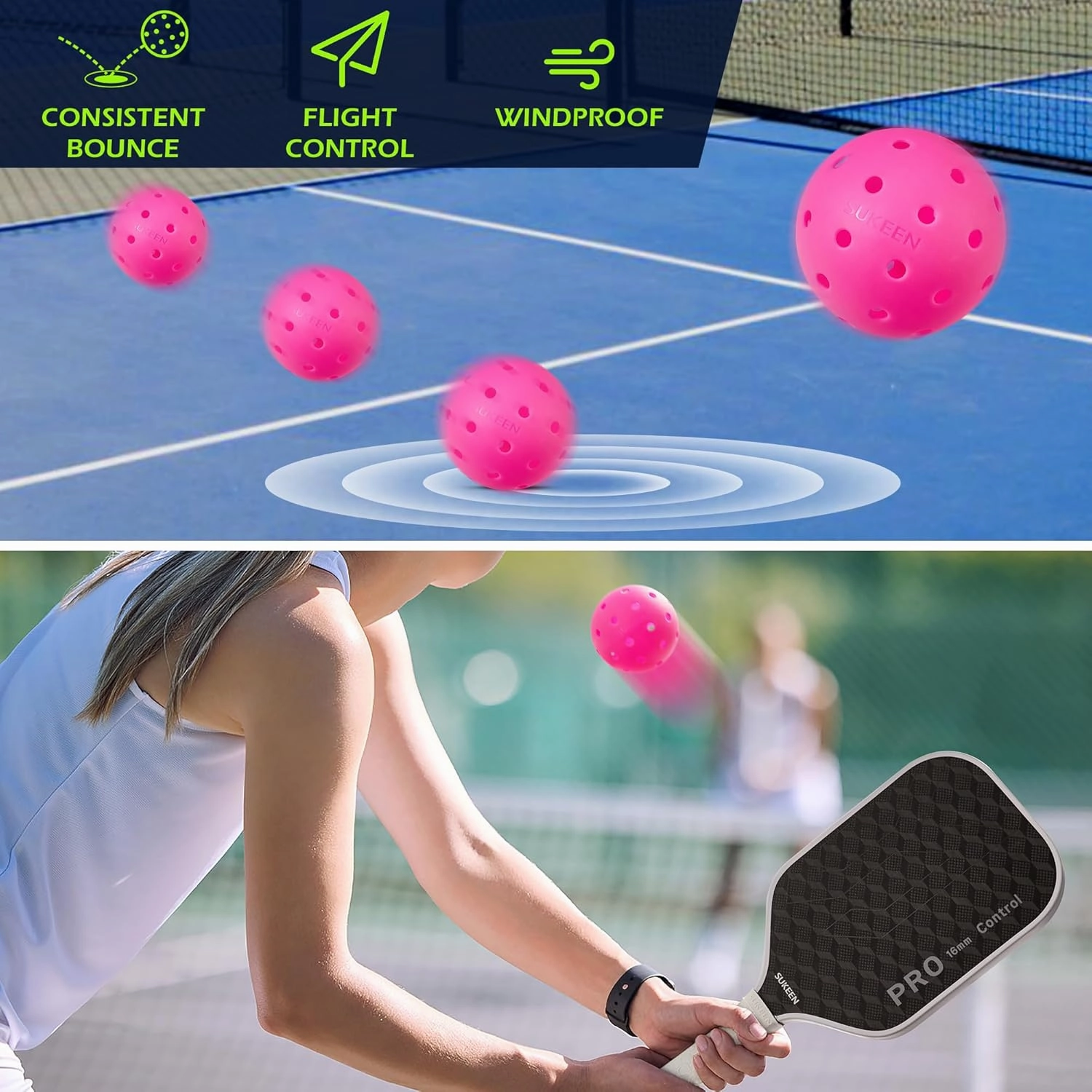 Sukeen Outdoor Pickleball Balls 40 Holes, High Bounce True Flight Pickleball Ball, High Visibility Outdoor Pickleballs, High Elasticity Pickle Balls with Mesh Bag