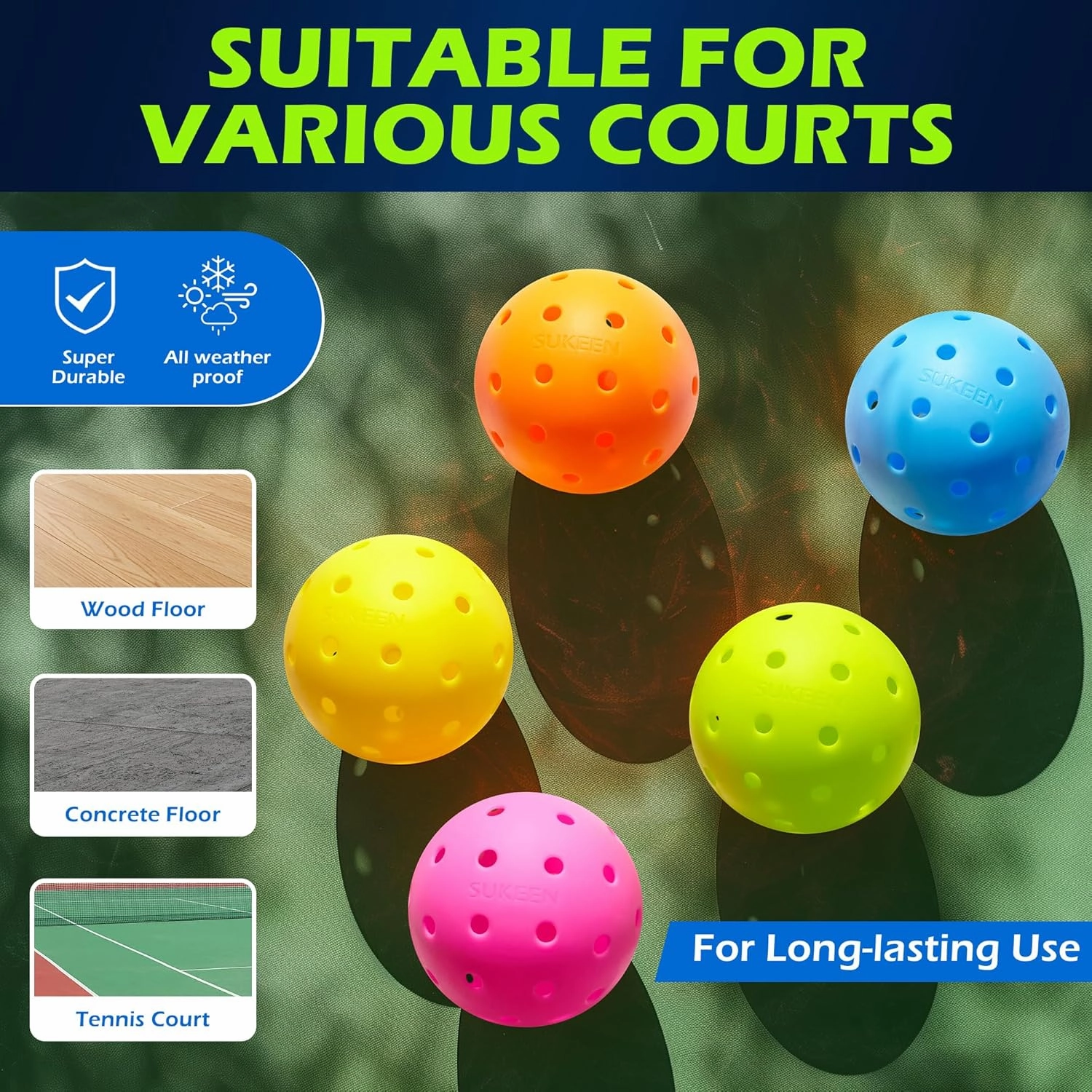 Sukeen Outdoor Pickleball Balls 40 Holes, High Bounce True Flight Pickleball Ball, High Visibility Outdoor Pickleballs, High Elasticity Pickle Balls with Mesh Bag