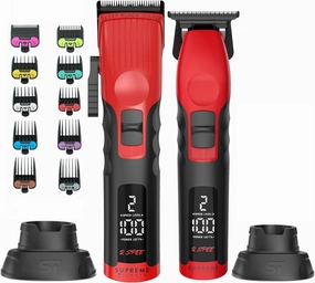 Supreme Trimmer 2-in-1 2Spee Beard Trimmer & Hair Clipper Combo | Removable Blades, 2 Speeds, LCD Display | Cordless Professional Barber Tools - Easy Color Coded Clipper Guide Combs | STB280 (Red)