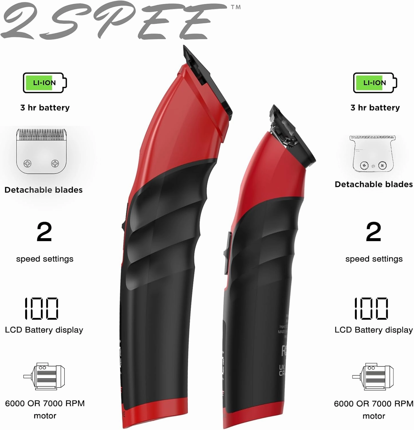Supreme Trimmer 2-in-1 2Spee Beard Trimmer & Hair Clipper Combo | Removable Blades, 2 Speeds, LCD Display | Cordless Professional Barber Tools - Easy Color Coded Clipper Guide Combs | STB280 (Red)