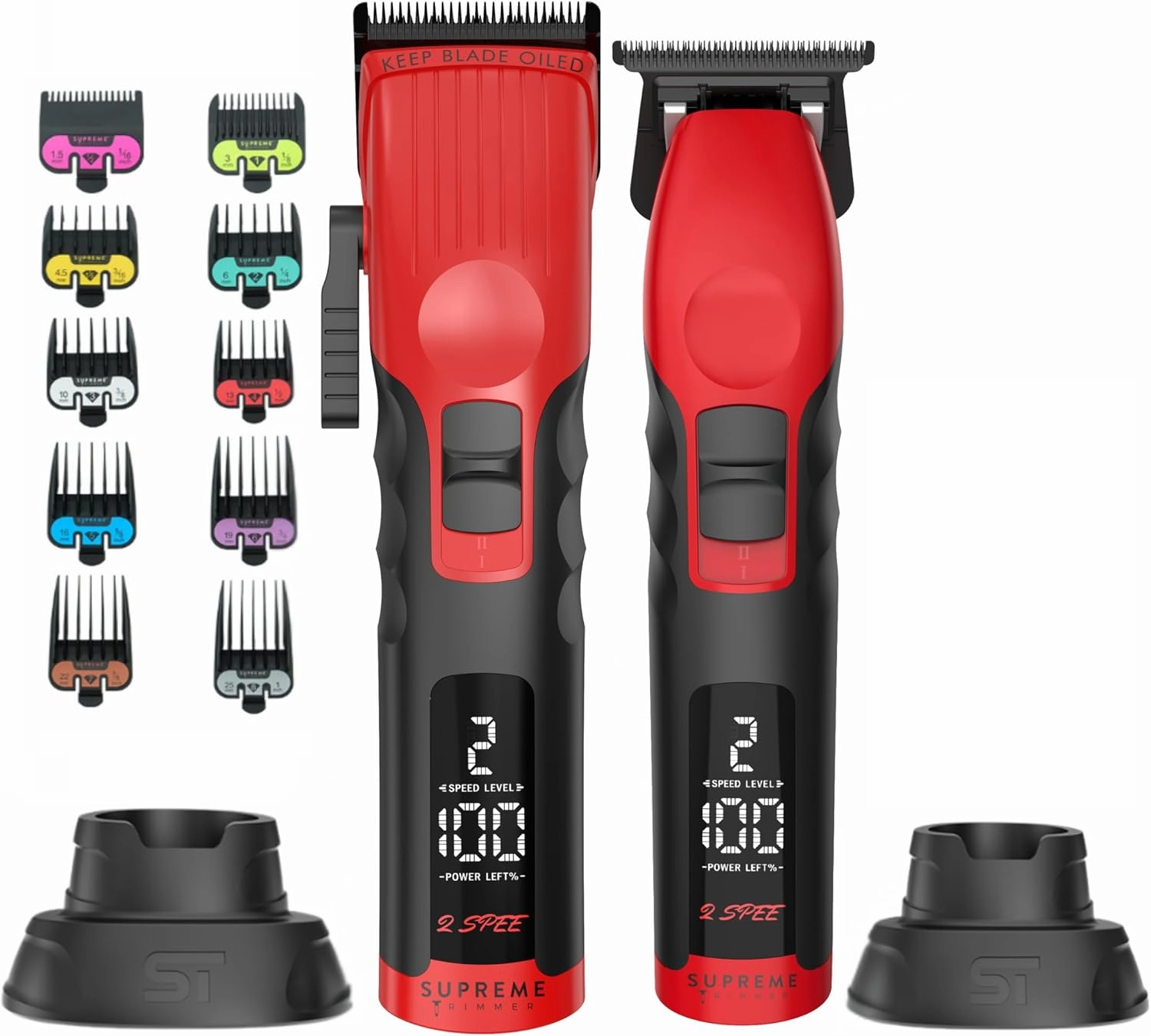 Supreme Trimmer 2-in-1 2Spee Beard Trimmer & Hair Clipper Combo | Removable Blades, 2 Speeds, LCD Display | Cordless Professional Barber Tools - Easy Color Coded Clipper Guide Combs | STB280 (Red)