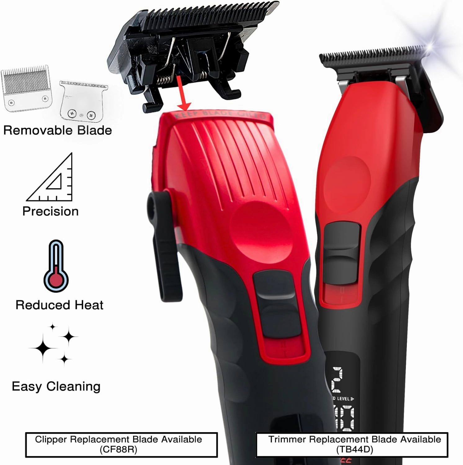 Supreme Trimmer 2-in-1 2Spee Beard Trimmer & Hair Clipper Combo | Removable Blades, 2 Speeds, LCD Display | Cordless Professional Barber Tools - Easy Color Coded Clipper Guide Combs | STB280 (Red)
