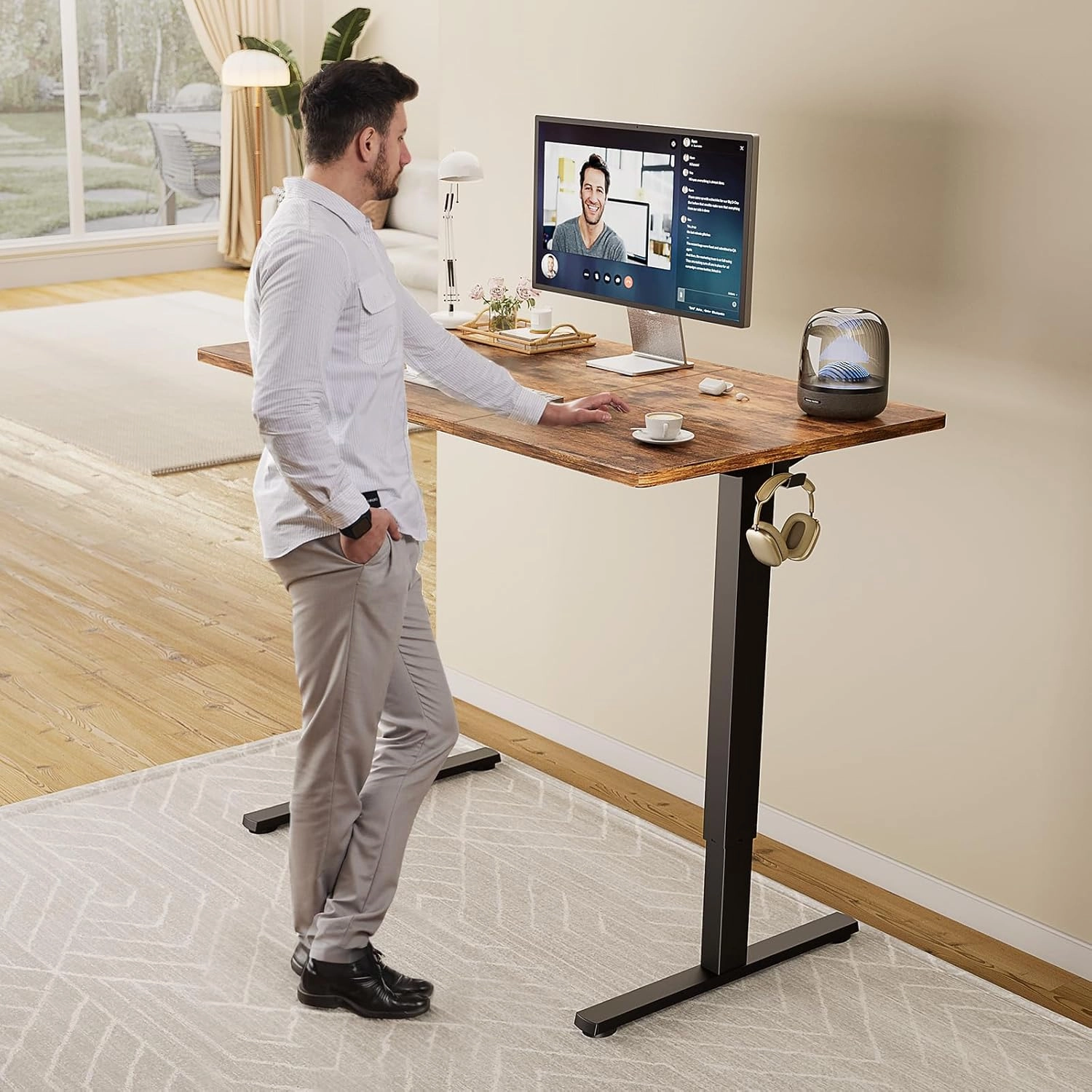 Sweetcrispy Standing Adjustable Height Desk, Electric 63 x 24 Inch Stand Up Rising Computer Gaming Table with 3 Memory Presets, Splice Board, T-Shaped Bracket Home Office Workstation, Rustic Brown