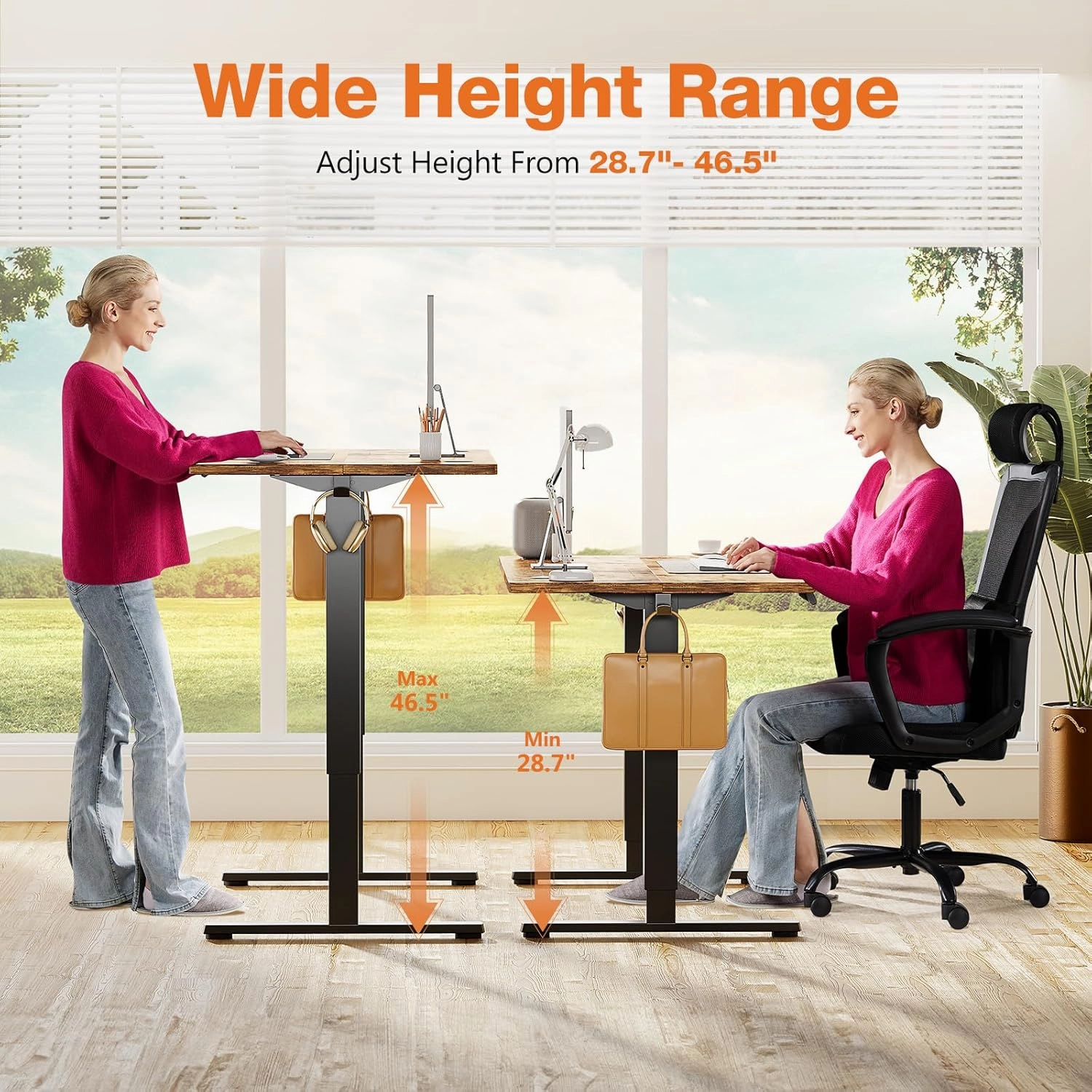 Sweetcrispy Standing Adjustable Height Desk, Electric 63 x 24 Inch Stand Up Rising Computer Gaming Table with 3 Memory Presets, Splice Board, T-Shaped Bracket Home Office Workstation, Rustic Brown