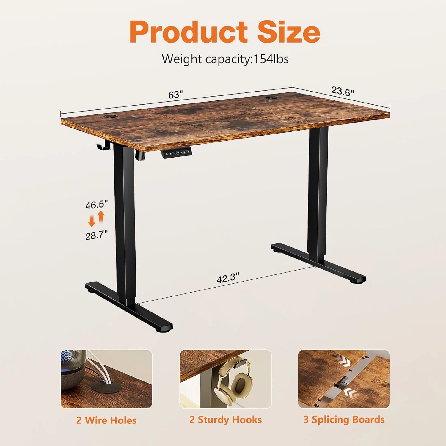 Sweetcrispy Standing Adjustable Height Desk, Electric 63 x 24 Inch Stand Up Rising Computer Gaming Table with 3 Memory Presets, Splice Board, T-Shaped Bracket Home Office Workstation, Rustic Brown