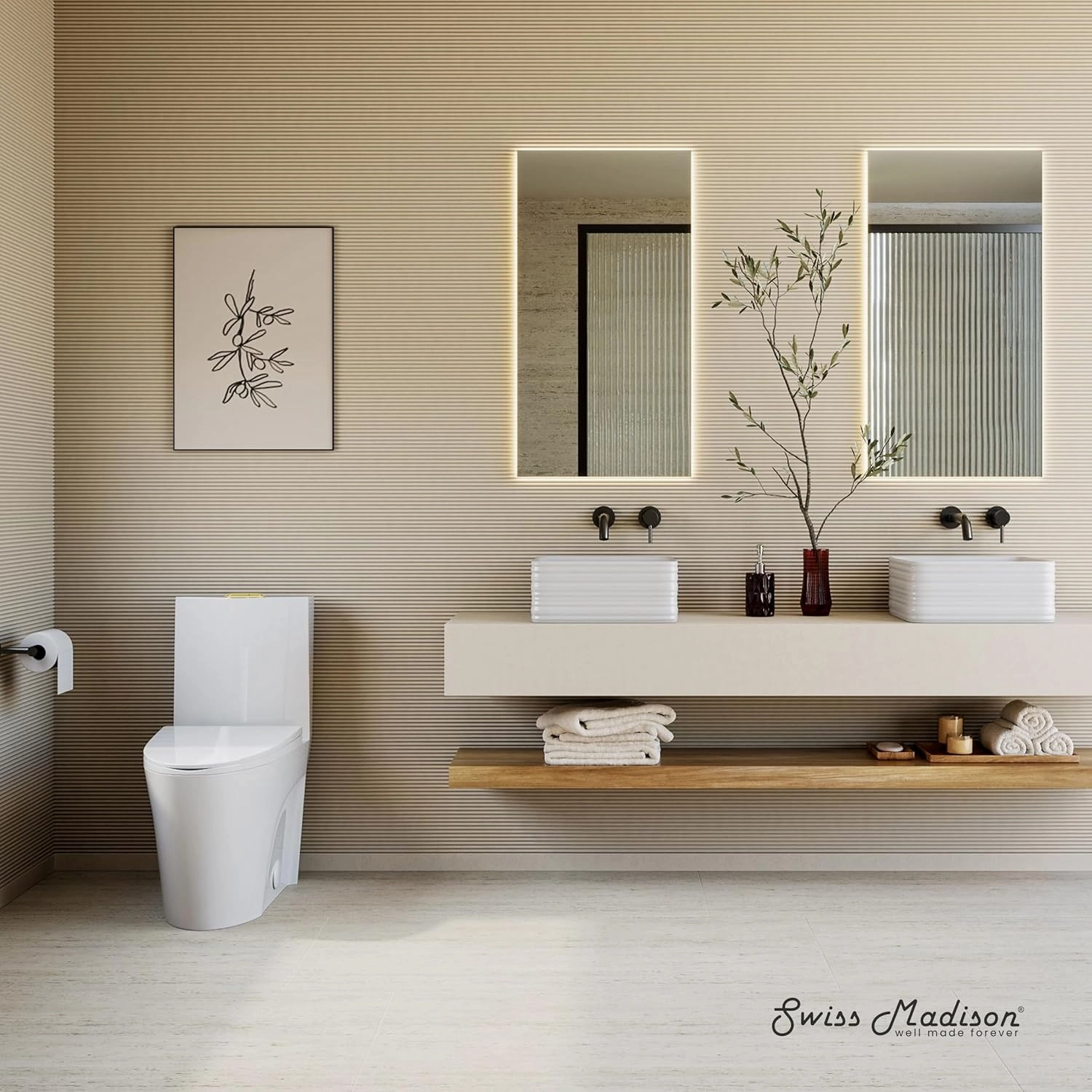 Swiss Madison St. Tropez SM-1T254MBHB One-Piece Elongated Toilet Vortex Dual-Flush 1.1/1.6 gpf with Comfort Chair Seat ADA Height in Matte Black with Gold Hardware