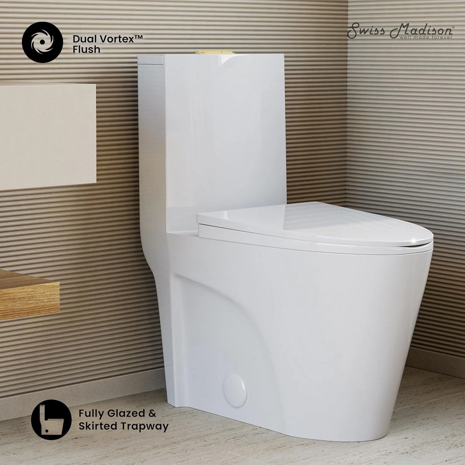 Swiss Madison St. Tropez SM-1T254MBHB One-Piece Elongated Toilet Vortex Dual-Flush 1.1/1.6 gpf with Comfort Chair Seat ADA Height in Matte Black with Gold Hardware