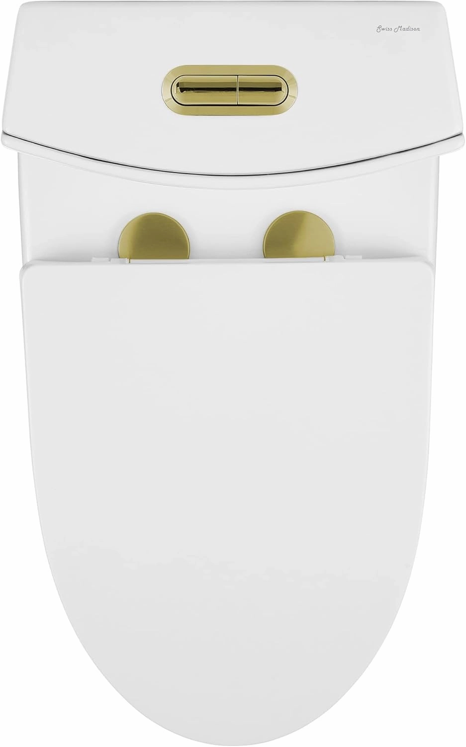 Swiss Madison St. Tropez SM-1T254MBHB One-Piece Elongated Toilet Vortex Dual-Flush 1.1/1.6 gpf with Comfort Chair Seat ADA Height in Matte Black with Gold Hardware