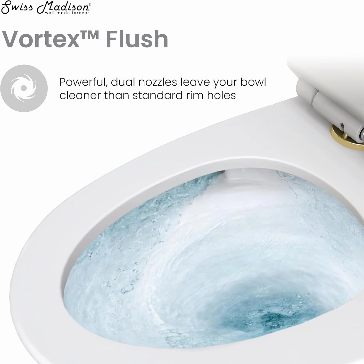 Swiss Madison St. Tropez SM-1T254MBHB One-Piece Elongated Toilet Vortex Dual-Flush 1.1/1.6 gpf with Comfort Chair Seat ADA Height in Matte Black with Gold Hardware