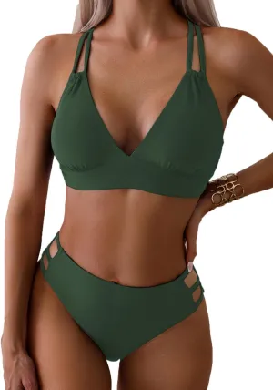 Tainehs Women's Push Up V Neck Bikini Sets Criss Cross Back Two Piece Bathing Suit
