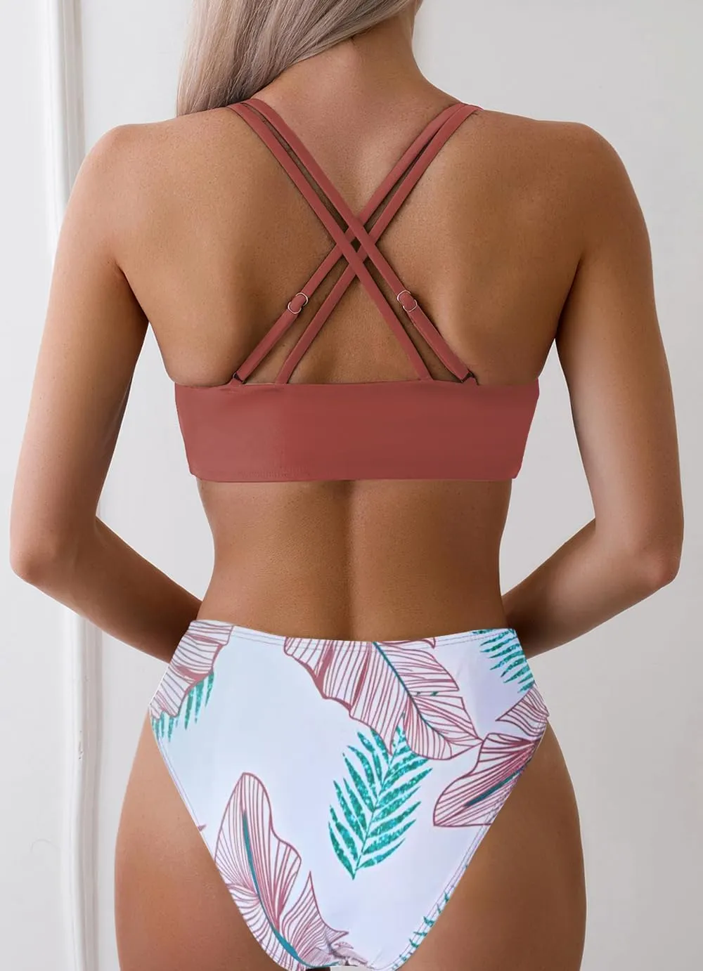 Tainehs Women's Push Up V Neck Bikini Sets Criss Cross Back Two Piece Bathing Suit