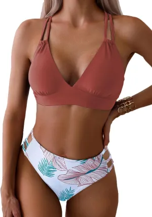 Tainehs Women's Push Up V Neck Bikini Sets Criss Cross Back Two Piece Bathing Suit