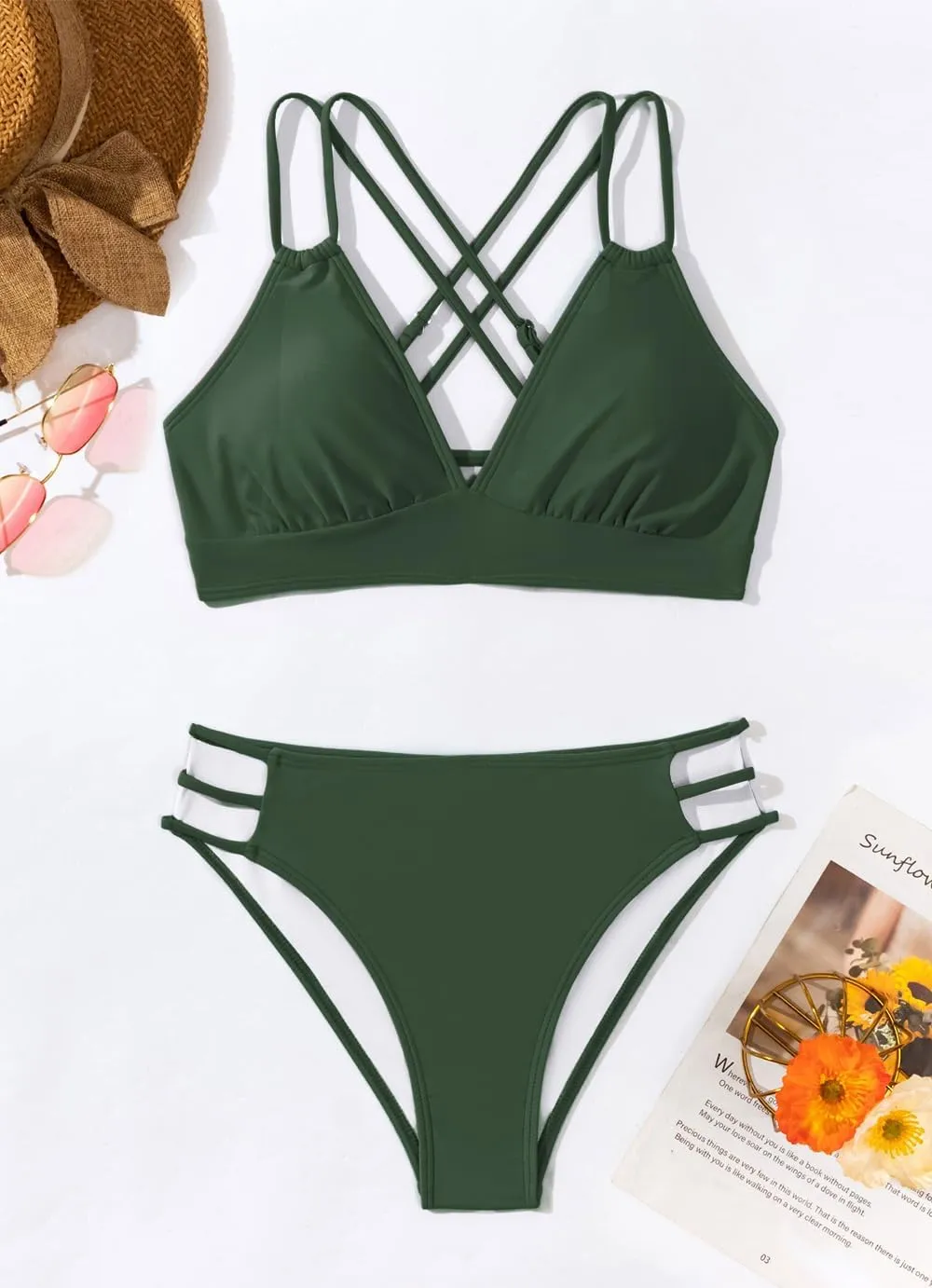 Tainehs Women's Push Up V Neck Bikini Sets Criss Cross Back Two Piece Bathing Suit