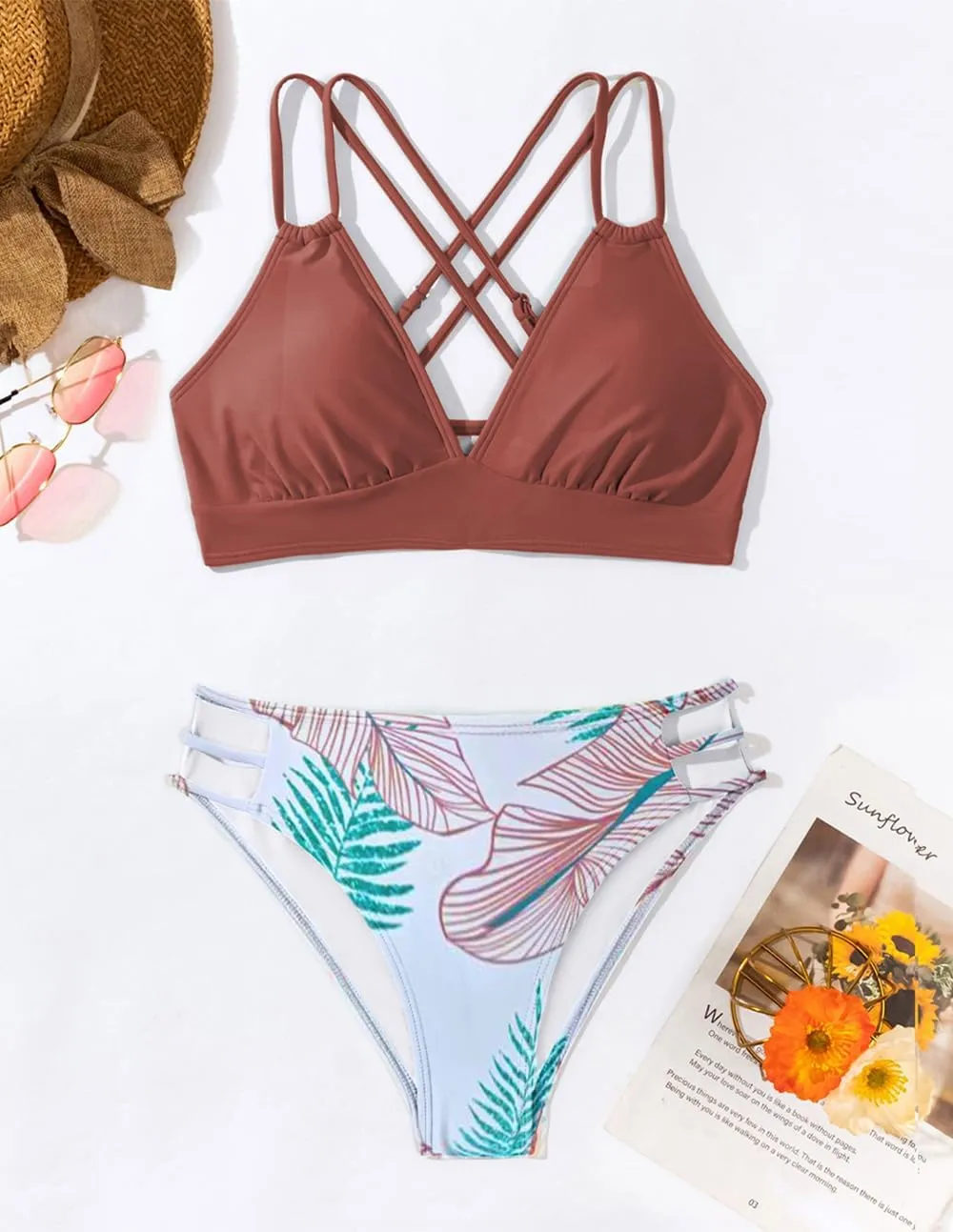 Tainehs Women's Push Up V Neck Bikini Sets Criss Cross Back Two Piece Bathing Suit