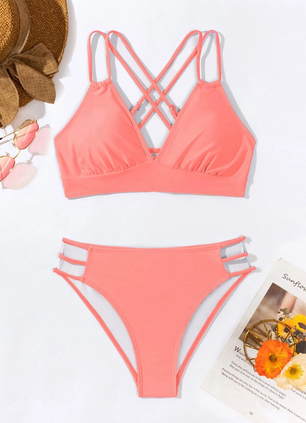 Tainehs Women's Push Up V Neck Bikini Sets Criss Cross Back Two Piece Bathing Suit