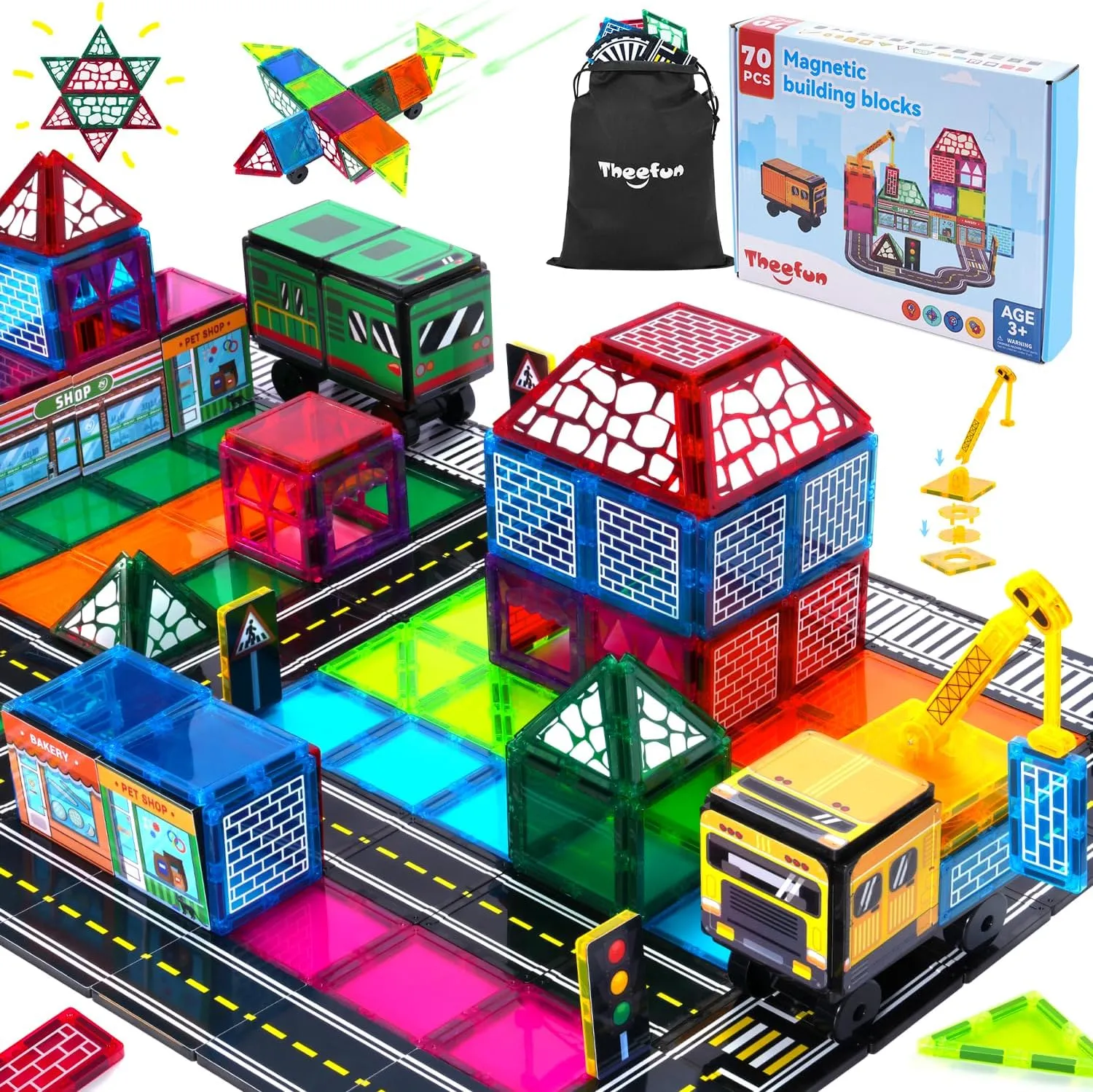 Theefun Magnetic Tiles Road Set 70pcs Double Side City Magnet Toy with Crane Car Include 56 Magnetic Blocks, 13 Magnet Toppers, 1 Stroage Bag STEM Construction Gift for Kids Toddlers 3  Years Old