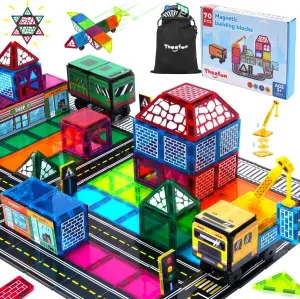 Theefun Magnetic Tiles Road Set 70pcs Double Side City Magnet Toy with Crane Car Include 56 Magnetic Blocks, 13 Magnet Toppers, 1 Stroage Bag STEM Construction Gift for Kids Toddlers 3  Years Old
