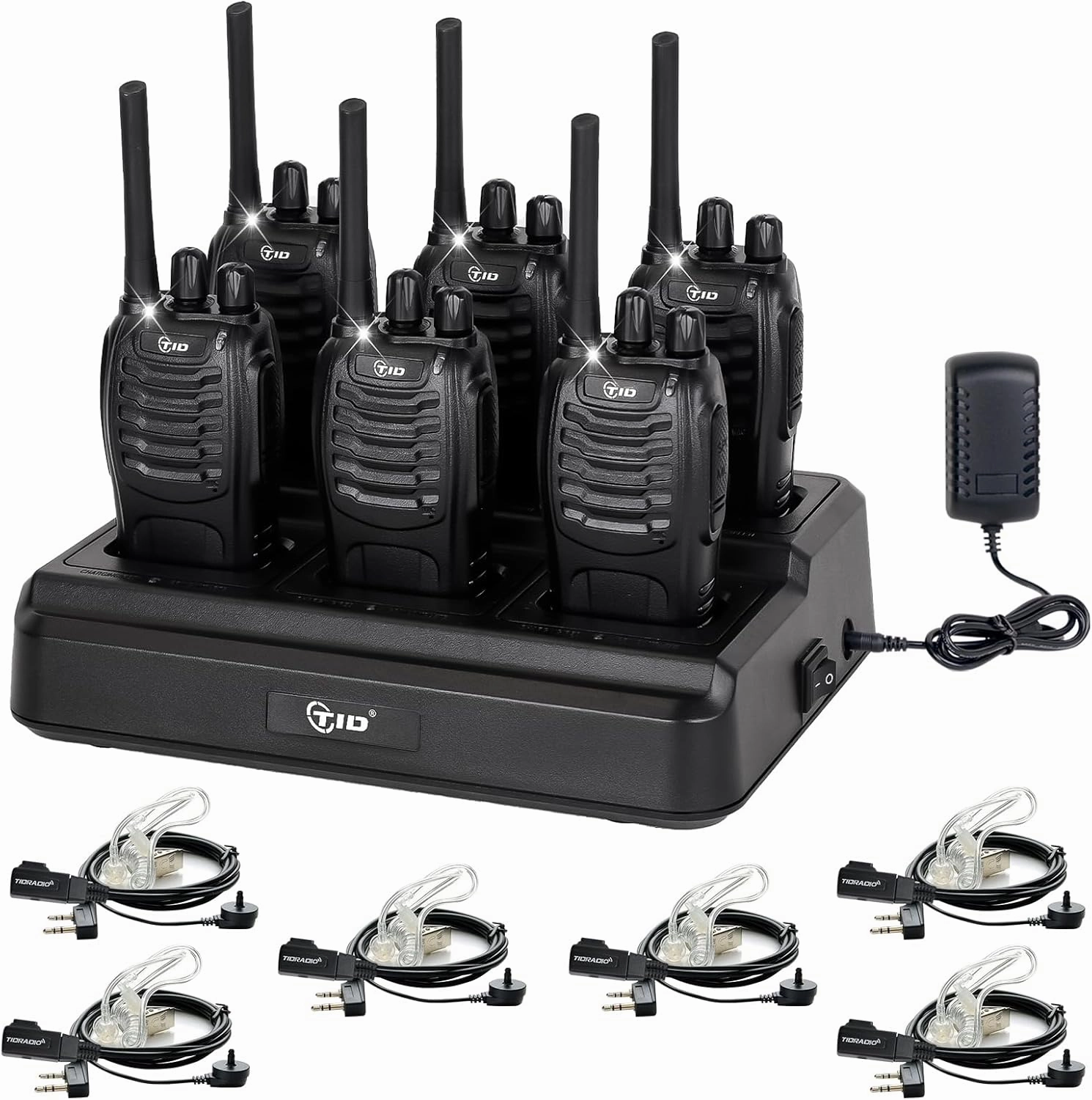 TIDRADIO TD-V2 Walkie Talkies Long Range Two Way Radios with 6-Way Multi Unit Charger, Acoustic Tube Headset & Mic, Hands Free VOX, Frequency Copy, Flashlight for Adults School Church Camping- 6 Pack