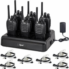 TIDRADIO TD-V2 Walkie Talkies Long Range Two Way Radios with 6-Way Multi Unit Charger, Acoustic Tube Headset & Mic, Hands Free VOX, Frequency Copy, Flashlight for Adults School Church Camping- 6 Pack