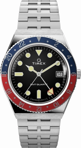 Timex Men's Q GMT 38mm Watch - Black Dial Stainless Steel Case & Strap