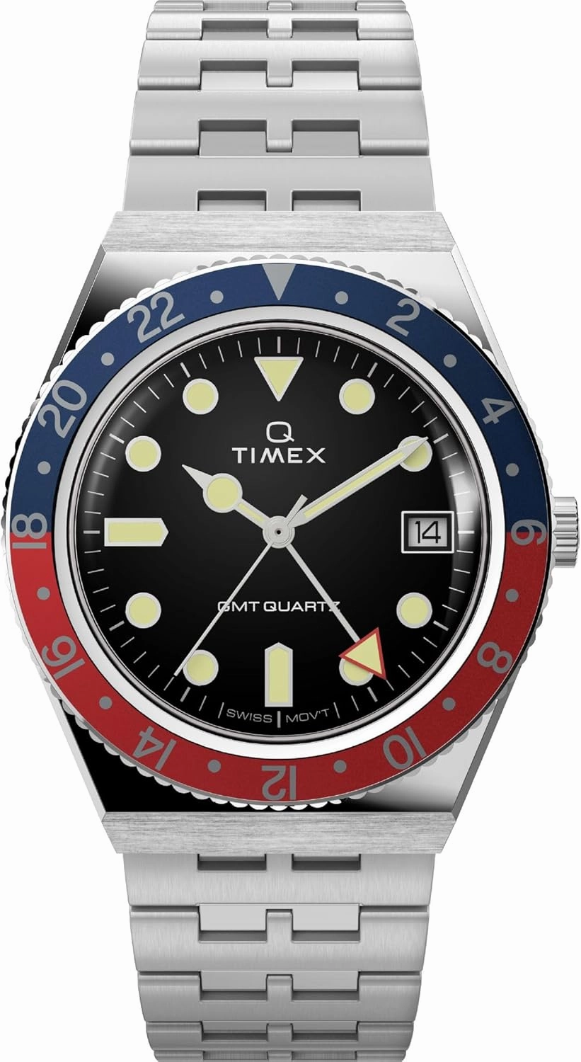 Timex Men's Q GMT 38mm Watch - Black Dial Stainless Steel Case & Strap
