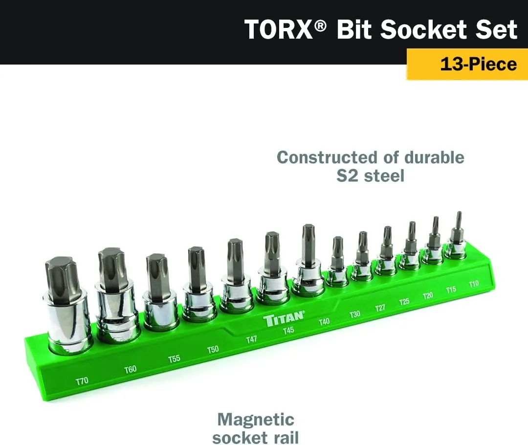 Titan 85532 13-Piece Torx Bit Socket Set, Magnetic Socket Organizer with Laser-Etched Size Markings