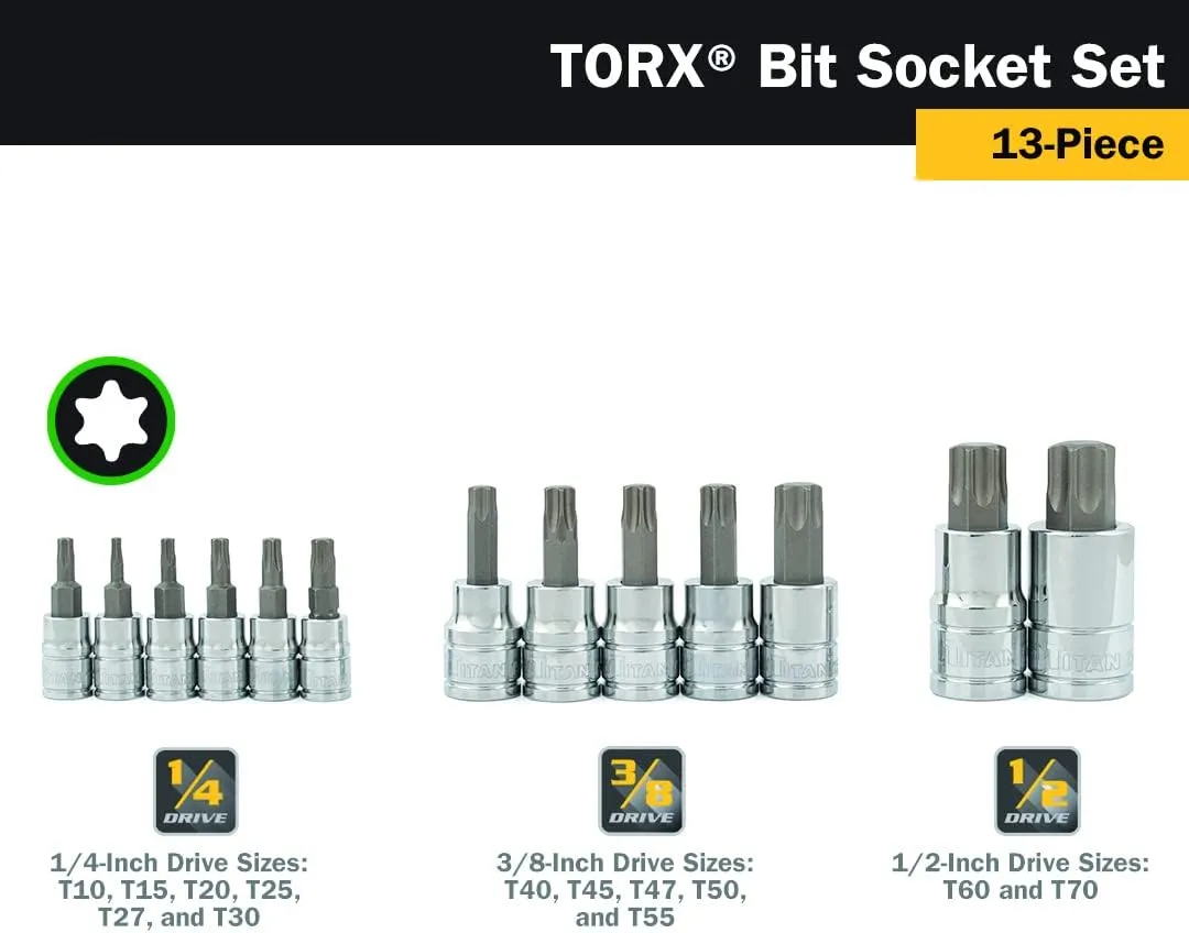 Titan 85532 13-Piece Torx Bit Socket Set, Magnetic Socket Organizer with Laser-Etched Size Markings