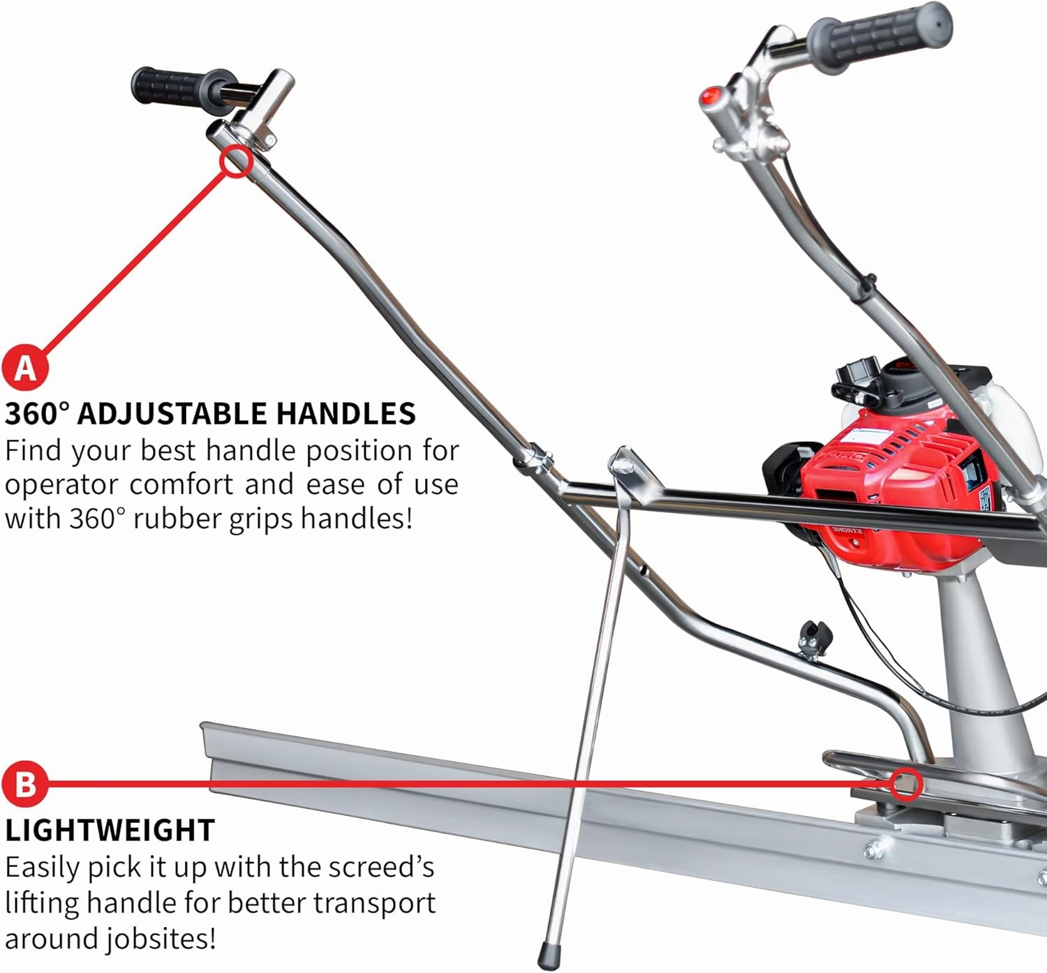Tomahawk 1.6 HP Honda Gas Vibrating Concrete Power Screed Motor with 10ft Aluminum Magnesium Board Straight Edge Bar Set and 360° Handles with GX35 Honda Engine
