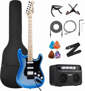 TOSTAR Electric Guitar Kit, 39 Inch Solid Wood Right Handed Guitar for Beginners Starter with Amp, HSS Pick Up, Poplar Body, Hand Polished, Metallic Blue, TST-320-SBM-NEW