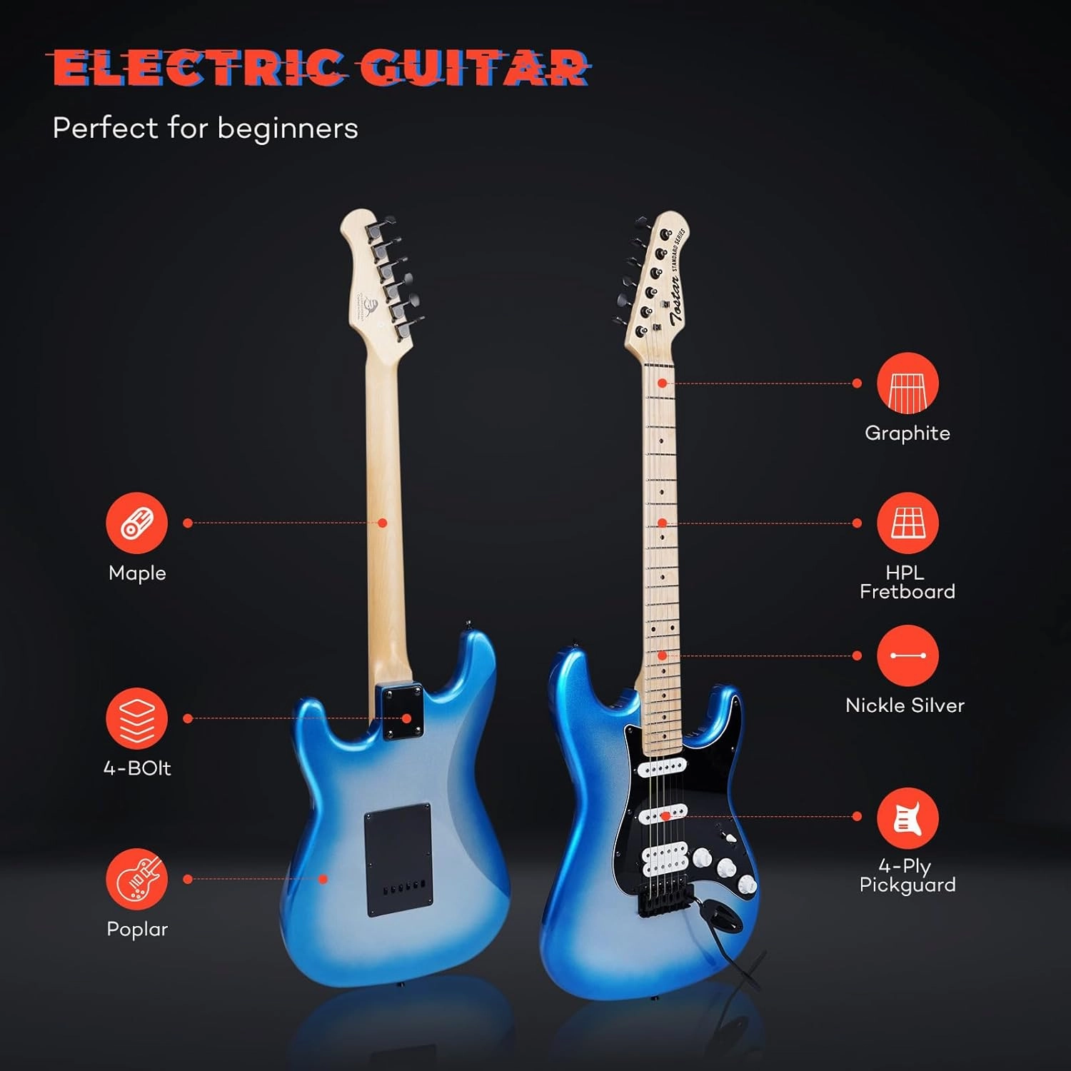 TOSTAR Electric Guitar Kit, 39 Inch Solid Wood Right Handed Guitar for Beginners Starter with Amp, HSS Pick Up, Poplar Body, Hand Polished, Metallic Blue, TST-320-SBM-NEW