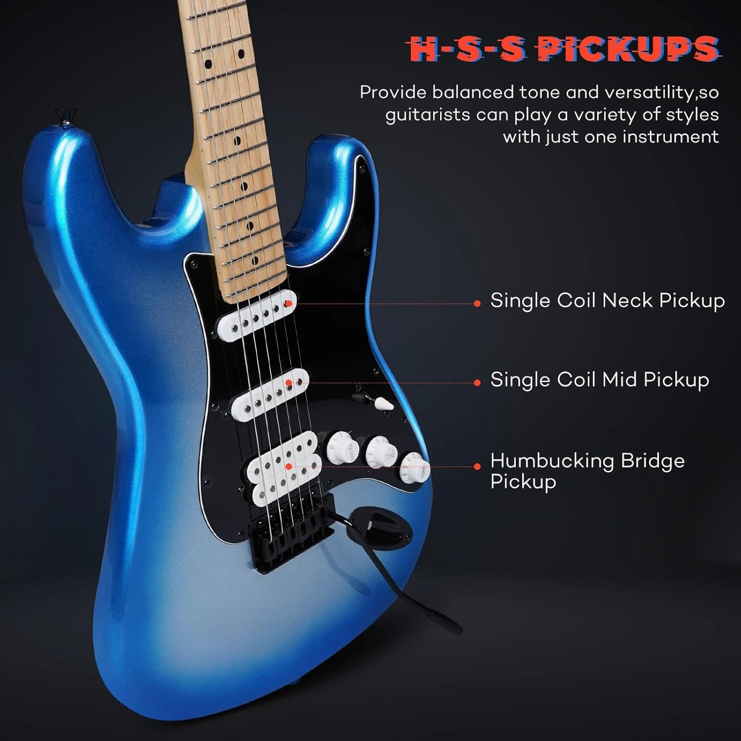 TOSTAR Electric Guitar Kit, 39 Inch Solid Wood Right Handed Guitar for Beginners Starter with Amp, HSS Pick Up, Poplar Body, Hand Polished, Metallic Blue, TST-320-SBM-NEW