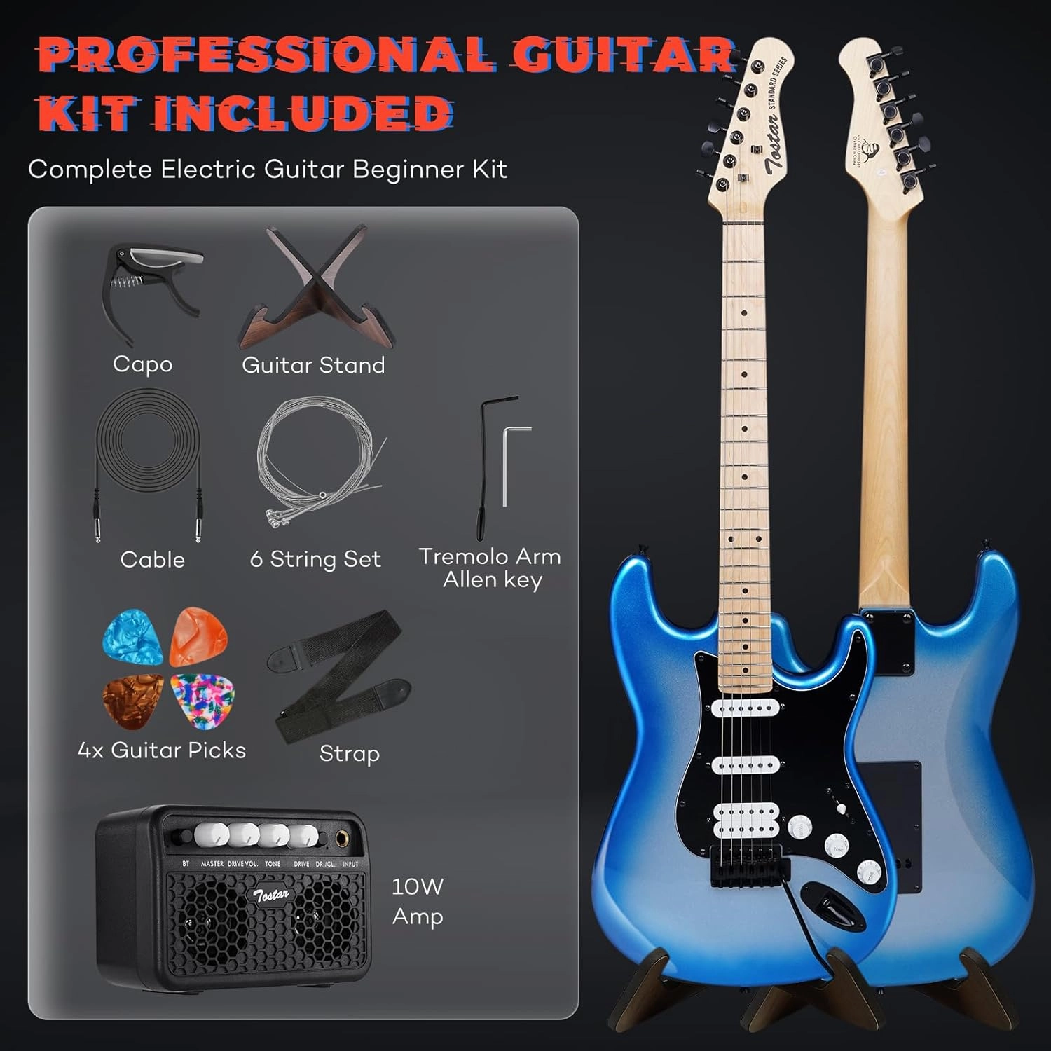 TOSTAR Electric Guitar Kit, 39 Inch Solid Wood Right Handed Guitar for Beginners Starter with Amp, HSS Pick Up, Poplar Body, Hand Polished, Metallic Blue, TST-320-SBM-NEW