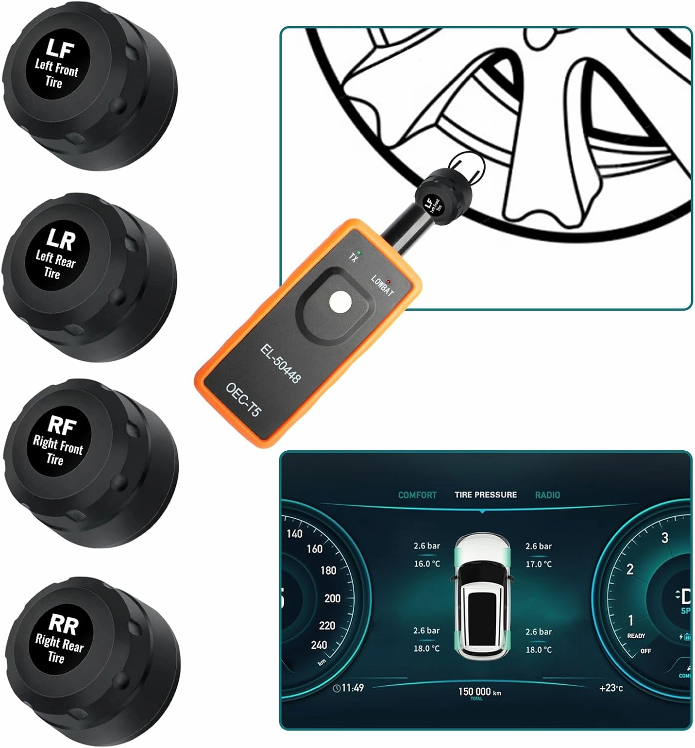 TPMS Sensor for GM Chevy Silverado Buick Cadillac GMC Pontiac, 315MHz Tire Pressure Sensor Replaces# 13598771,13598772, 4 Tire Sensors with 1 TPMS Relearn Tool, External, Easy to Install